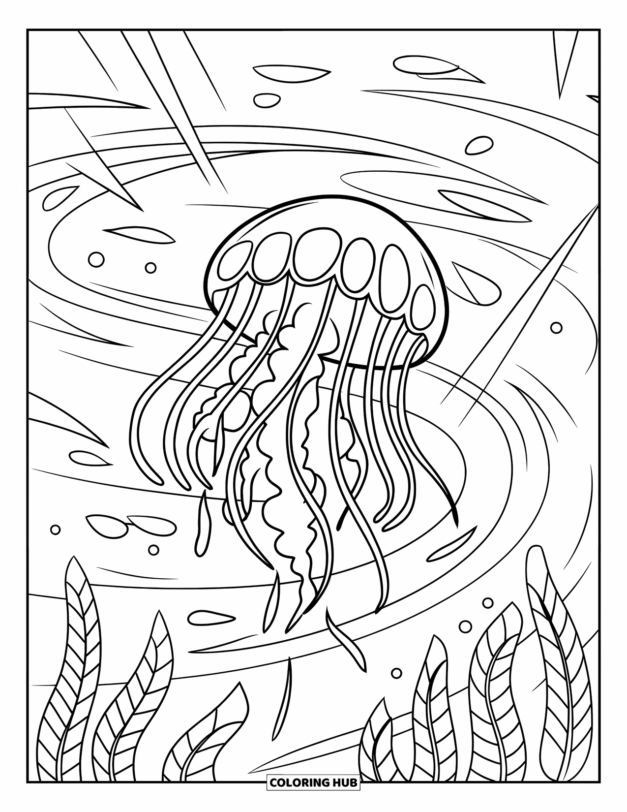 Desenho de água-viva para colorir para crianças: Uma água-viva se move através de correntes ondulantes, com raios de luz e algas marinhas ao seu redor