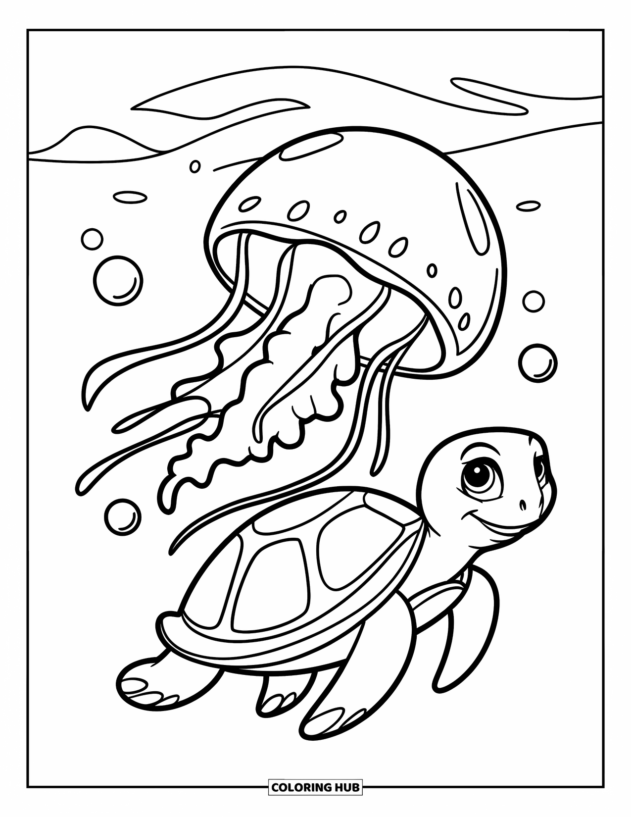 Desenho de água-viva para colorir para crianças: Uma água-viva flutua pacificamente ao lado de uma tartaruga, com ondas e bolhas no fundo