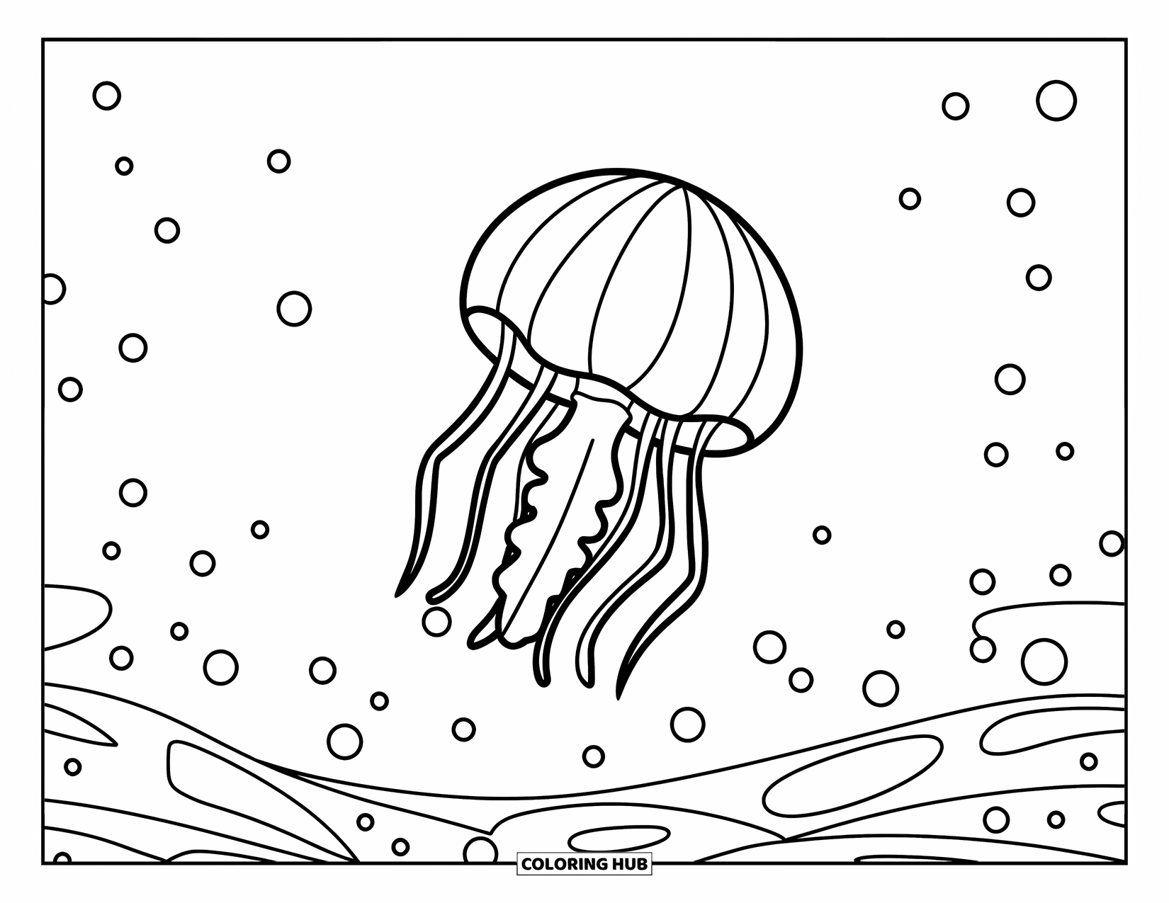 Desenho de água-viva para colorir para crianças: Uma água-viva com um padrão listrado e bolhas espalhadas flutua em um fundo simples