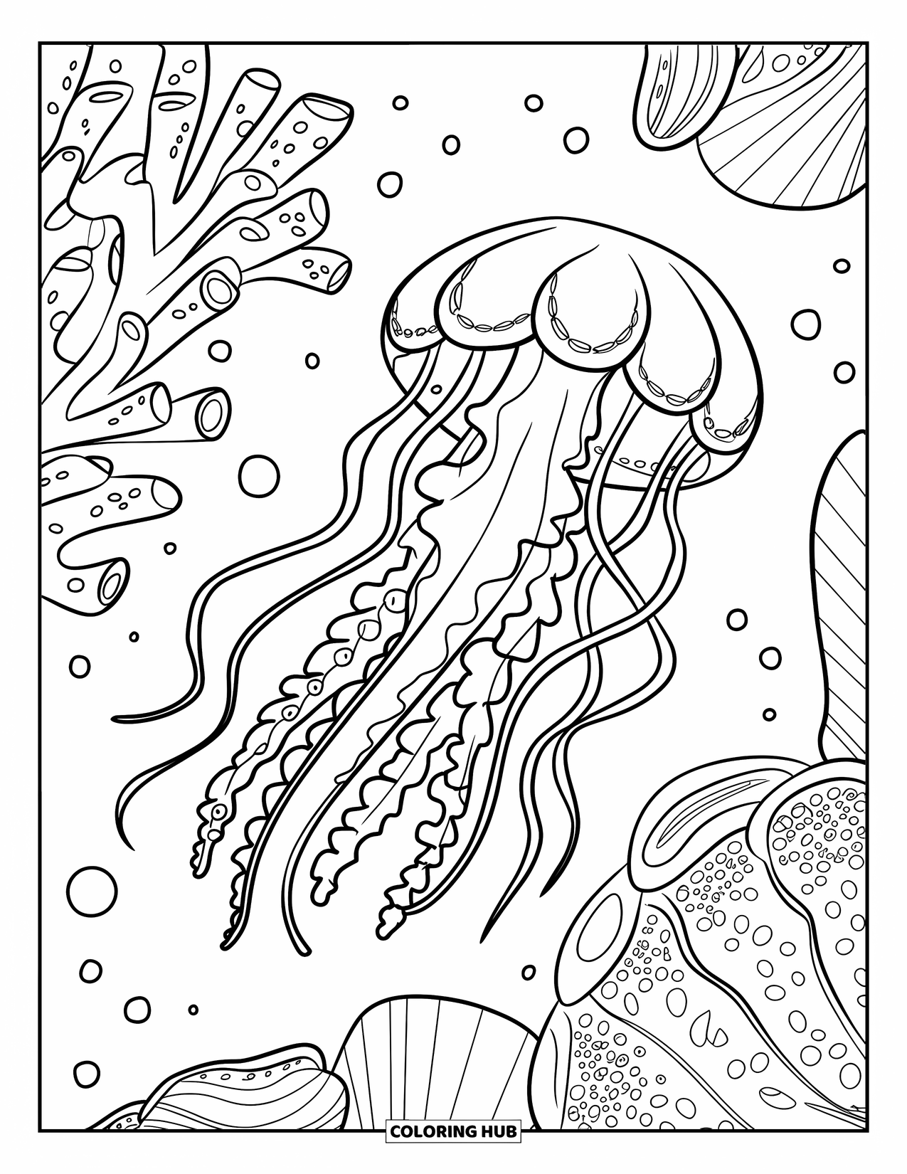 Desenho de água-viva para colorir para crianças: Uma água-viva com tentáculos artísticos e ondulantes desliza por um mar de corais e conchas detalhados