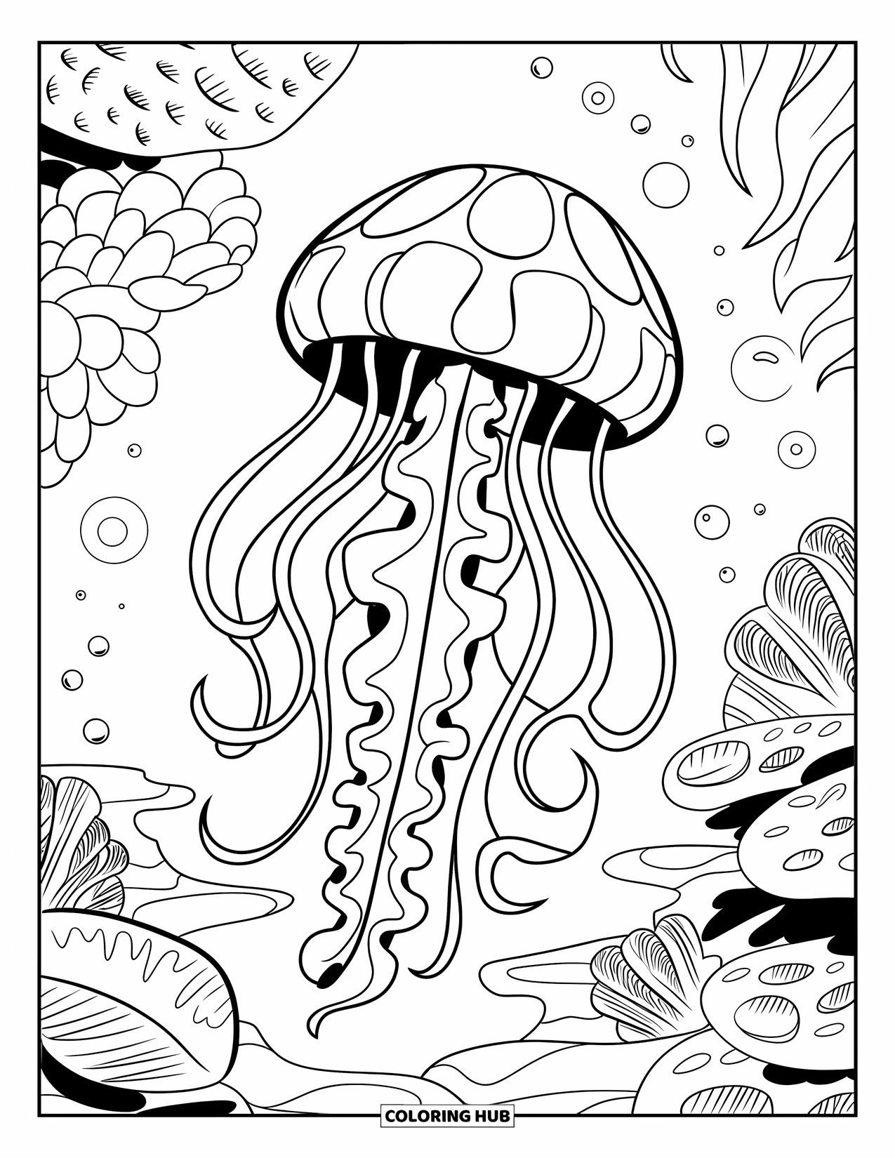 Desenho de água-viva para colorir para crianças: Uma água-viva com tentáculos dinâmicos e fluidos nada acima de um recife de coral vibrante