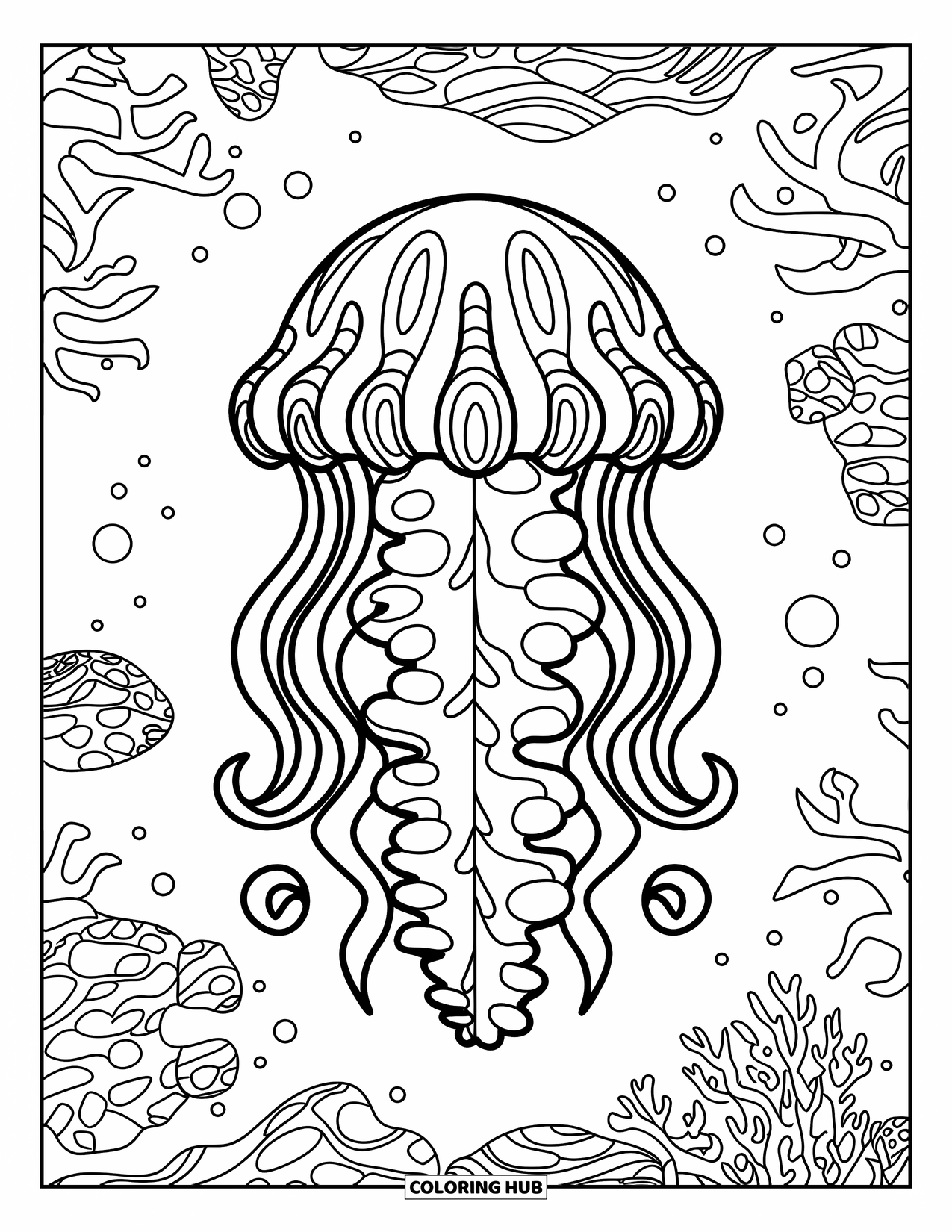 Desenho de água-viva para colorir para crianças: Uma água-viva com tentáculos elegantes e encaracolados flutua em um oceano cheio de corais e conchas