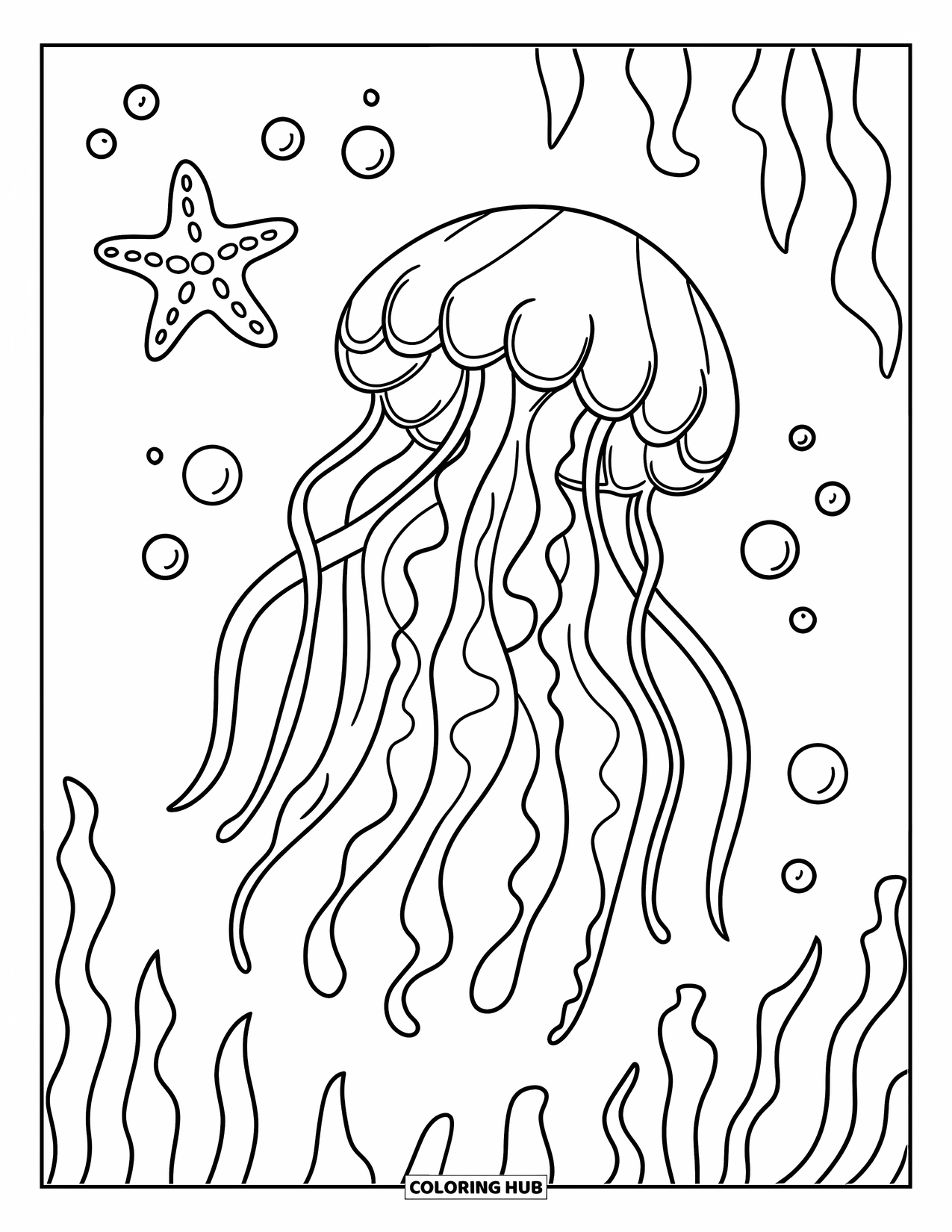 Desenho de água-viva para colorir para crianças: Uma água-viva com tentáculos fluidos flutua perto de uma estrela-do-mar e bolhas espalhadas