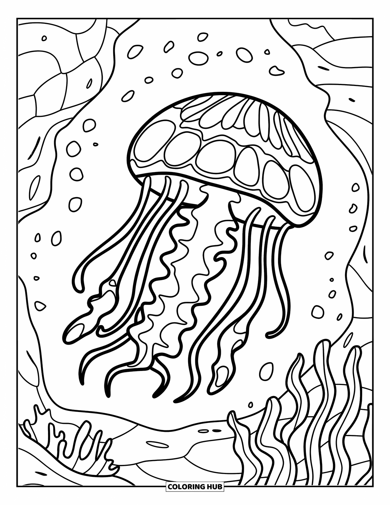 Desenho de água-viva para colorir para crianças: Uma água-viva com padrões intrincados nada através de uma cena oceânica de rochas e algas marinhas