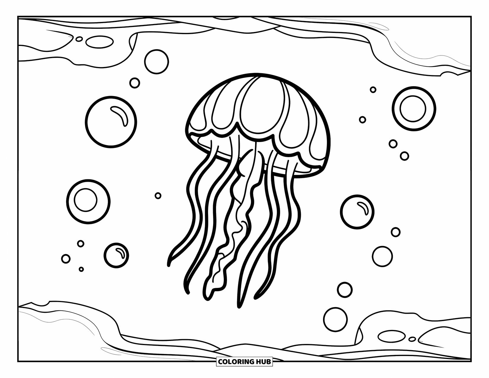 Desenho de água-viva para colorir para crianças: Uma grande água-viva com um sino redondo e tentáculos longos, cercada por pequenas bolhas