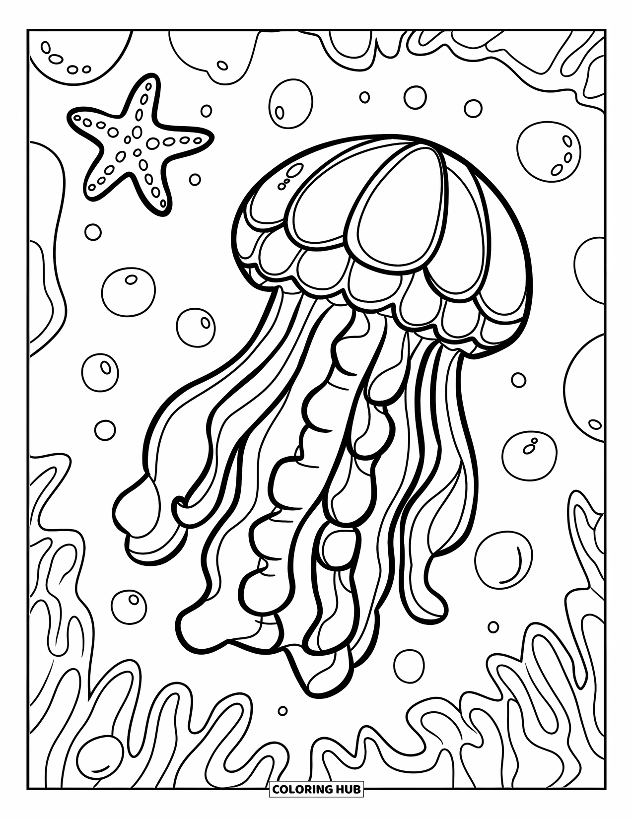 Desenho de água-viva para colorir para crianças: Uma grande água-viva com tentáculos longos e ondulados cercada por uma estrela-do-mar e bolhas
