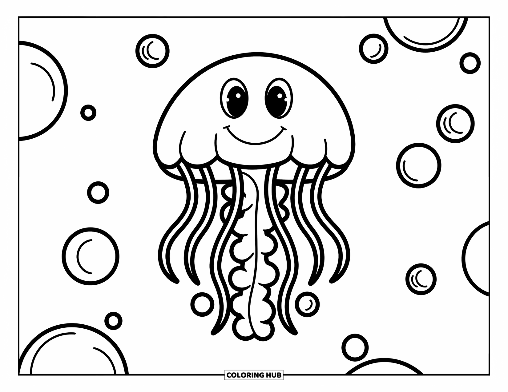Desenho de água-viva para colorir para crianças: Uma grande água-viva sorridente cercada por bolhas flutuantes em um fundo limpo