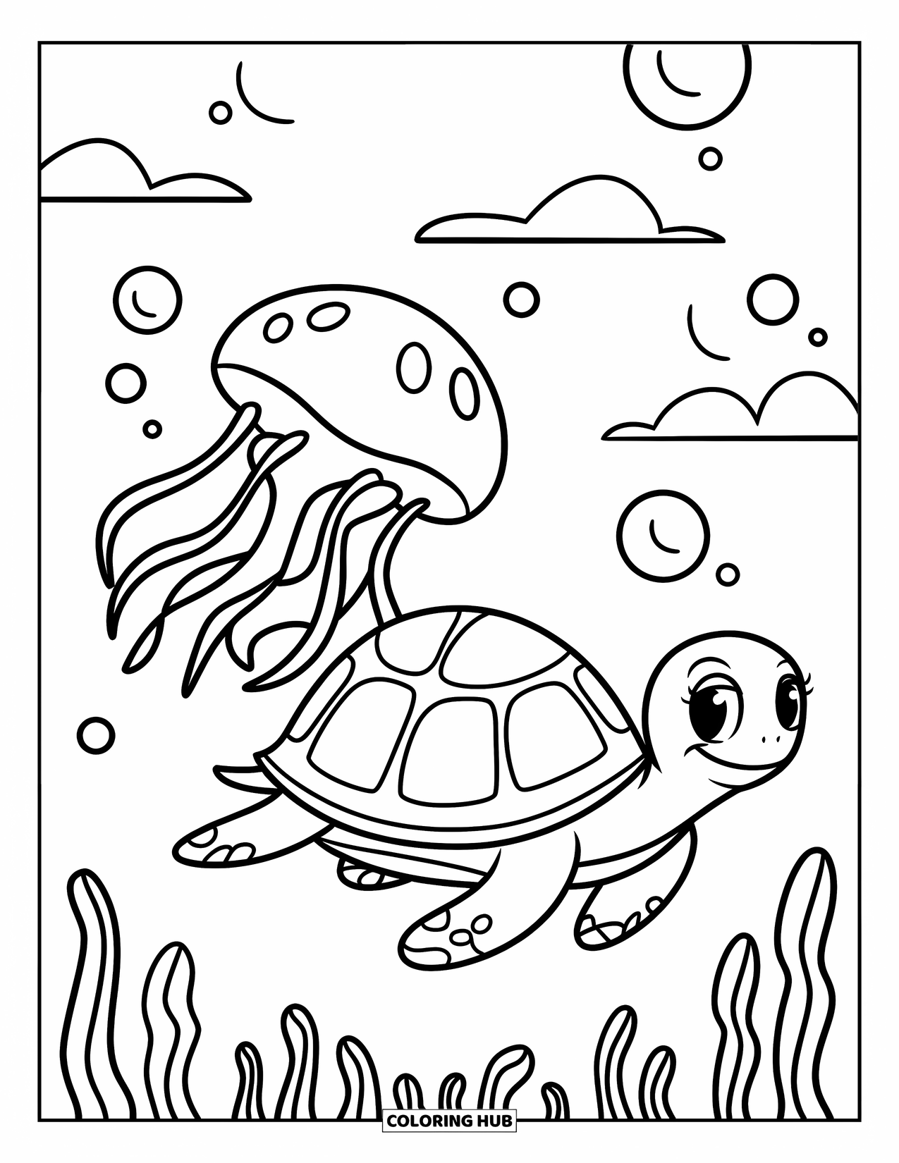 Desenho de água-viva para colorir para crianças: Uma água-viva e uma tartaruga pacíficas nadam lado a lado em um ambiente subaquático tranquilo