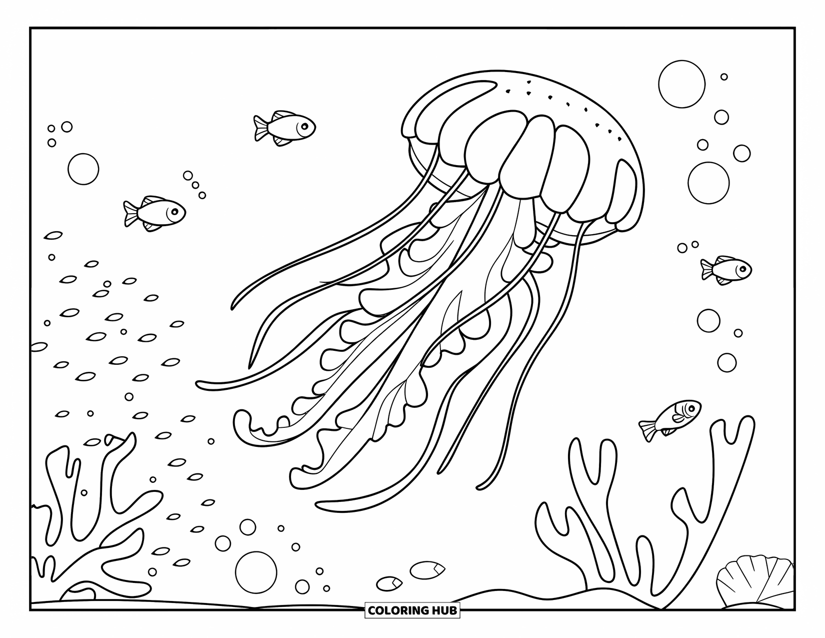 Desenho de água-viva para colorir para crianças: Uma água-viva pacífica flutua perto de corais, com pequenos peixes se movendo através da água
