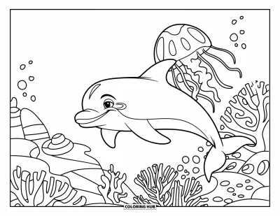 Quallen-Ausmalbild für Kinder: Ein verspielter Delfin schwimmt nahe einer Qualle, mit Korallen und Blasen im Hintergrund