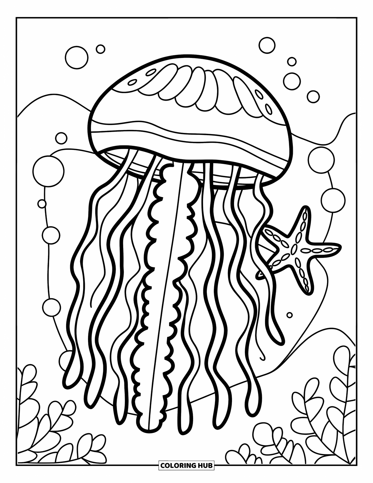 Desenho de água-viva para colorir para crianças: Uma água-viva brincalhona com um corpo circular e tentáculos, acompanhada por uma estrela-do-mar e bolhas