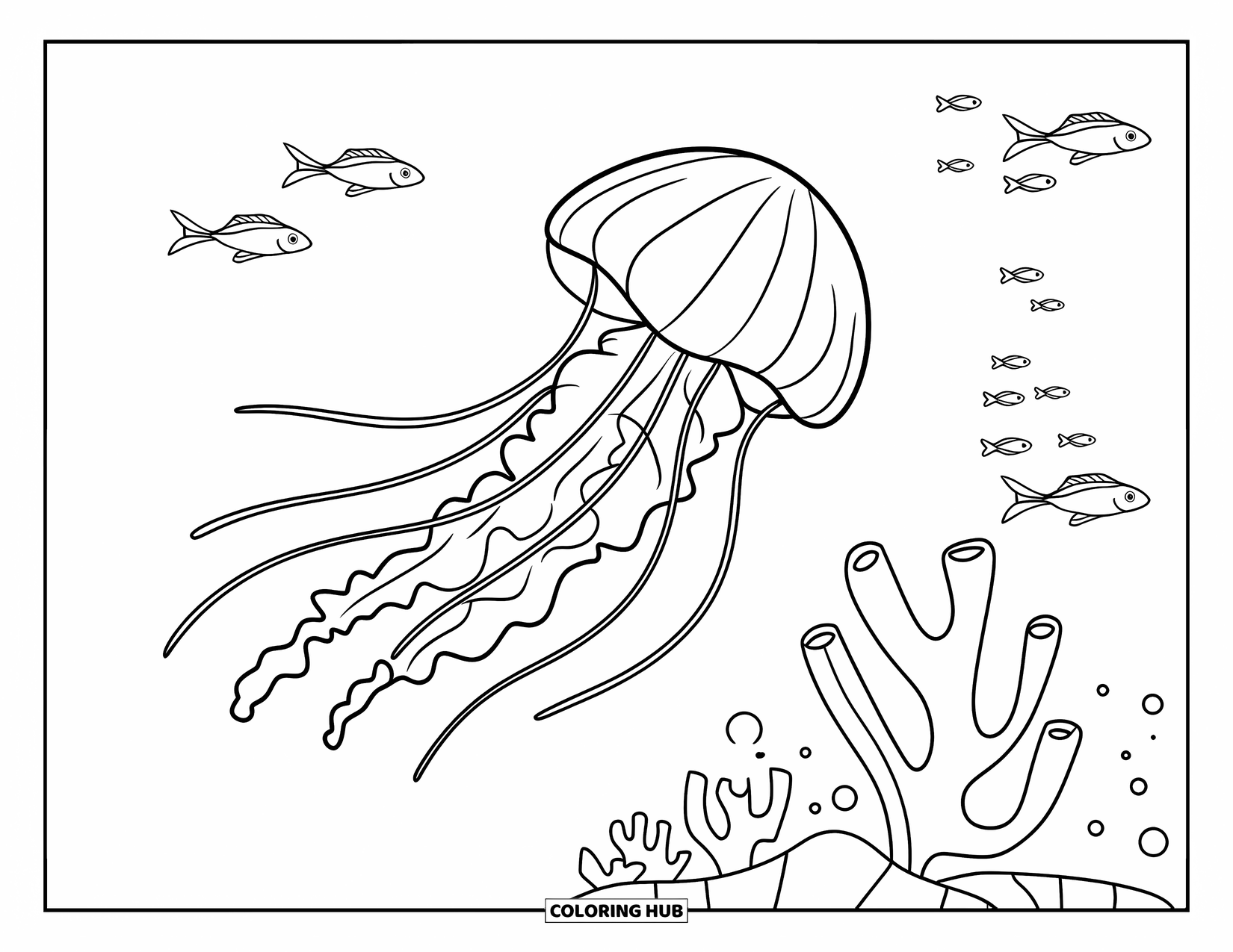 Desenho de água-viva para colorir para crianças: Uma cena subaquática serena com uma água-viva perto de corais e peixes deslizando