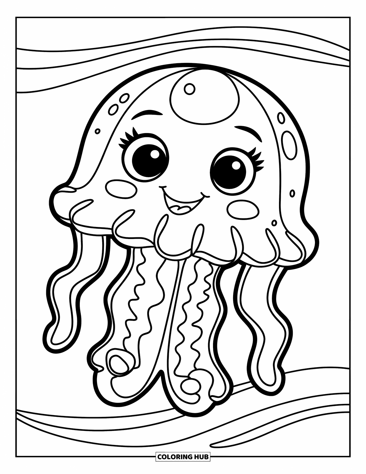 Desenho de água-viva para colorir para crianças: Uma água-viva sorridente com linhas marcantes flutua através de ondas de água simples