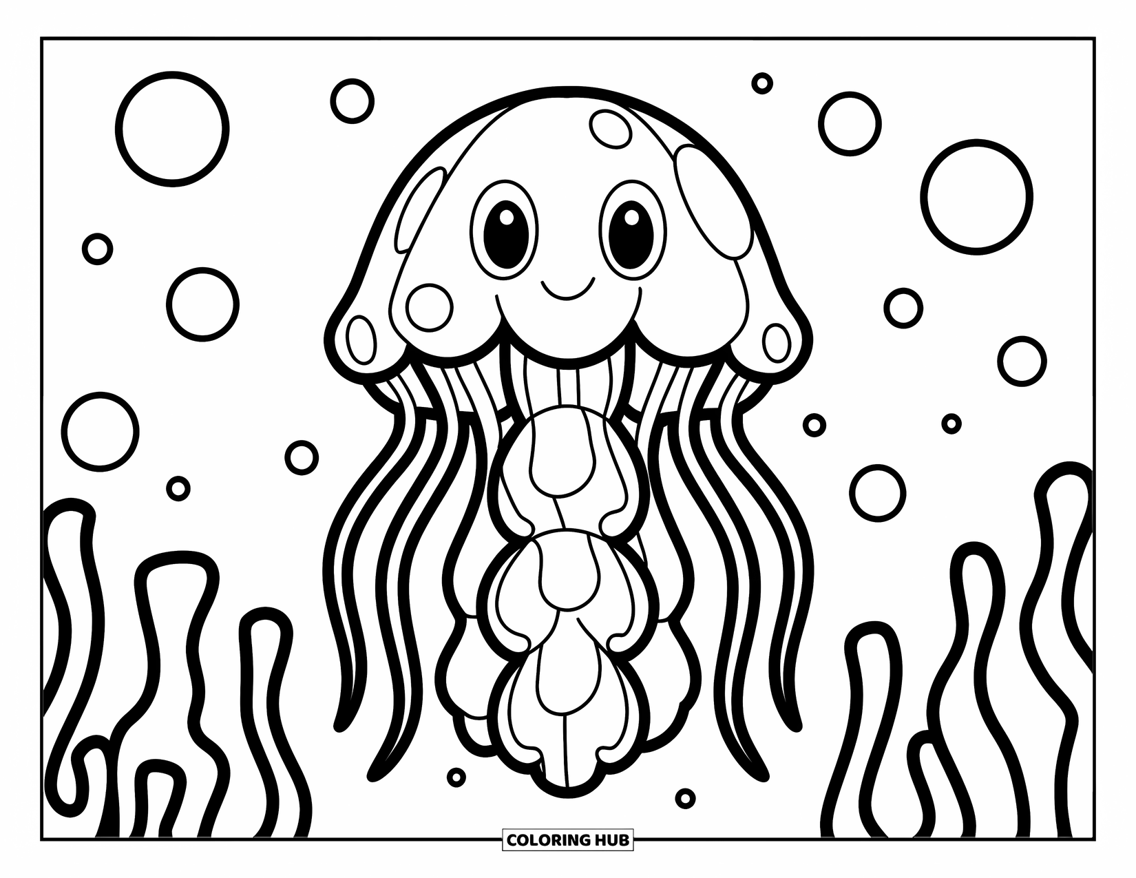 Desenho de água-viva para colorir para crianças: Uma água-viva sorridente com contornos marcantes flutua entre bolhas grossas em um design simples