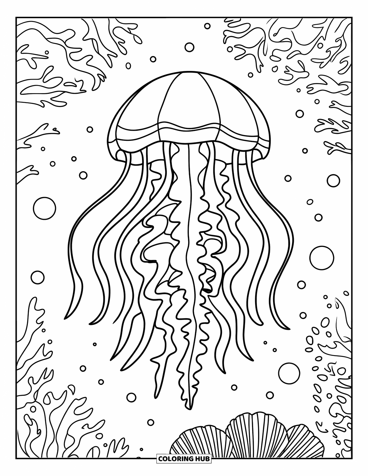Desenho de água-viva para colorir para crianças: Uma água-viva elegante com tentáculos ondulantes flutua entre corais e conchas