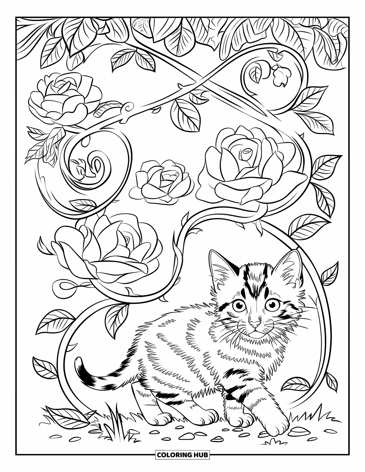Kitten Coloring Page for Adults: A Bengal kitten weaves through delicate swirling roses, its fur blending with the floral patterns