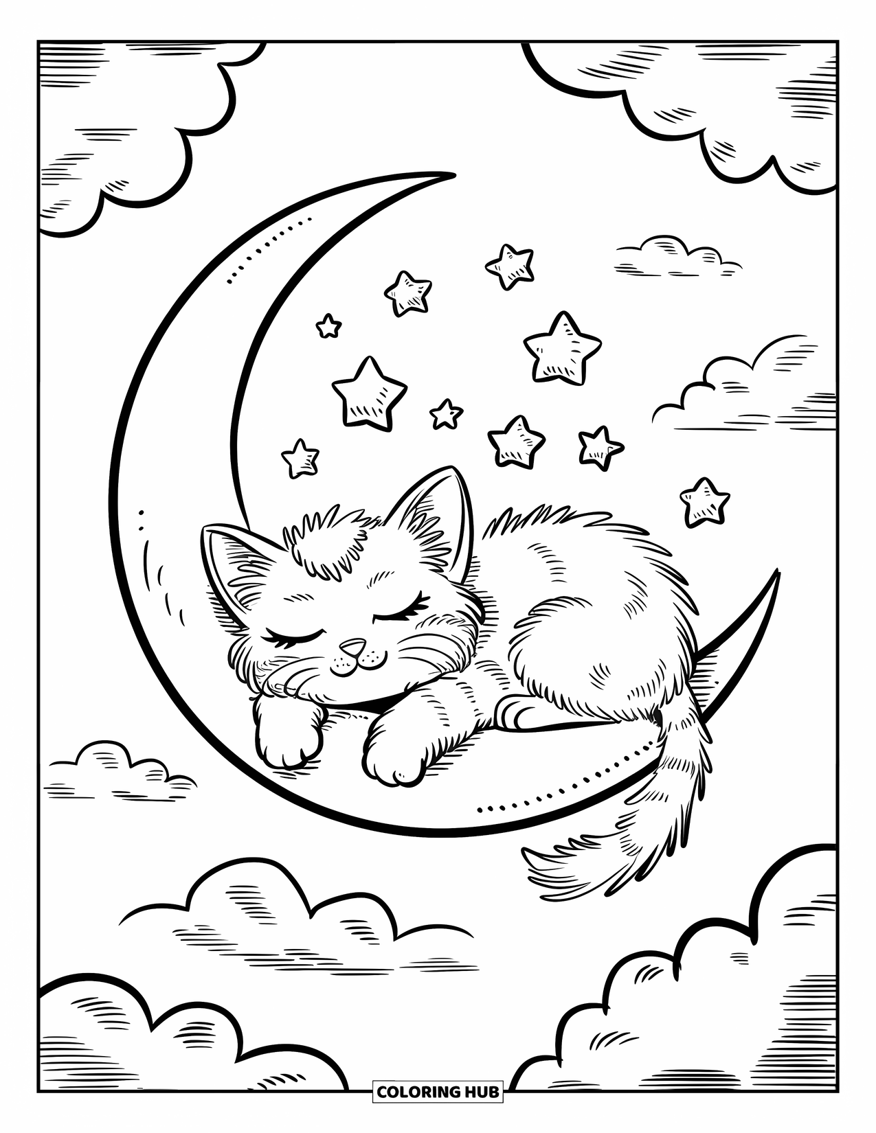 Kitten Coloring Page for Adults: A dreamy kitten rests on a crescent moon, surrounded by floating stars and fluffy clouds
