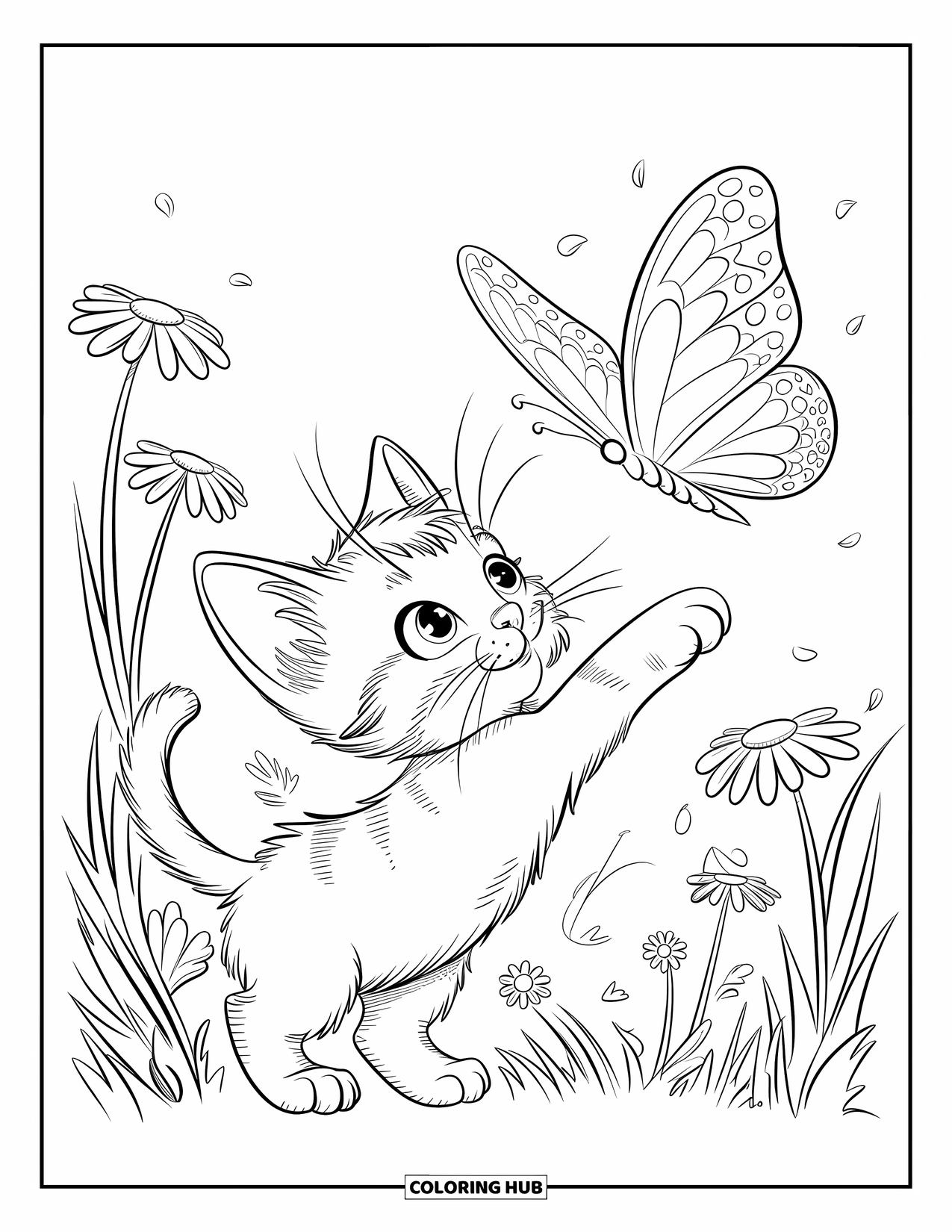 Kitten Coloring Page for Adults: A fluffy kitten jumps for a butterfly, surrounded by flowers and a gentle breeze