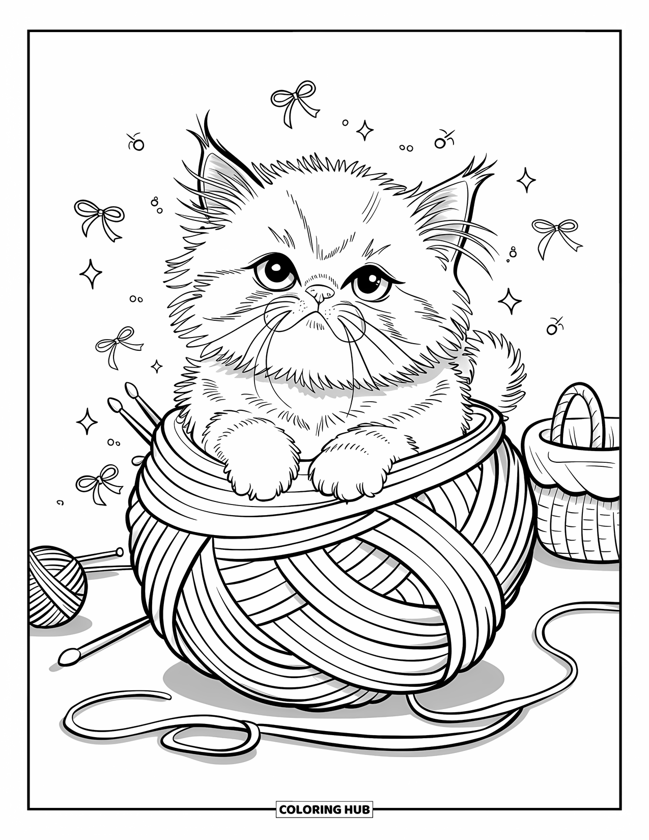 Kitten Coloring Page for Adults: A fluffy kitten sits in a tangled mess of yarn, playfully wrapping its paws around the strands