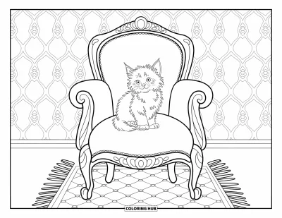 Desen de colorat cu pisicuțe pentru adulți: Un pisoi pufos stă pe un scaun victorian ornamentat, înconjurat de dantelă elegantă și detalii vintage