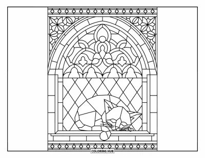 Desen de colorat cu pisicuțe pentru adulți: Un pisoi moțăie într-o fereastră cu vitralii în stil gotic, înconjurat de forme geometrice complicate