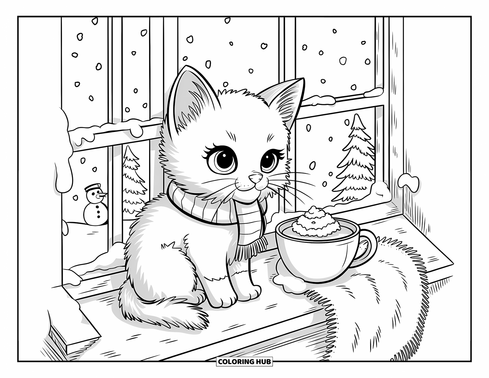Kitten Coloring Page for Adults: A kitten in a scarf sits by the window, sipping cocoa and gazing at the snowy view