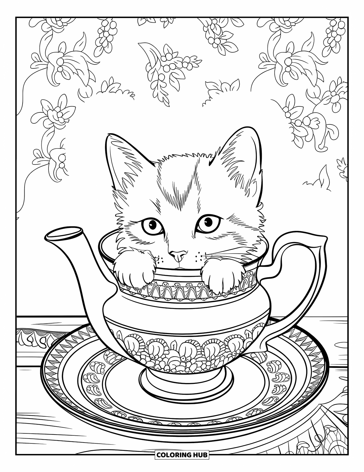 Kitten Coloring Page for Adults: A kitten naps inside a patterned tea set, nestled among elegant vintage dishes