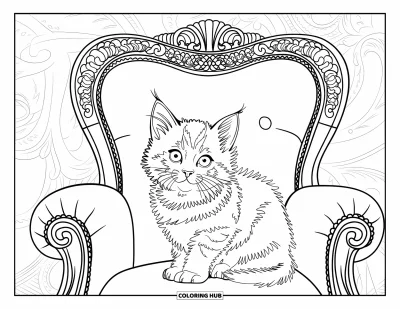 Desen de colorat cu pisicuțe pentru adulți: Un pisoi stă cocoțat pe un scaun ornamentat, înconjurat de dantelă fină și modele victoriene elaborate