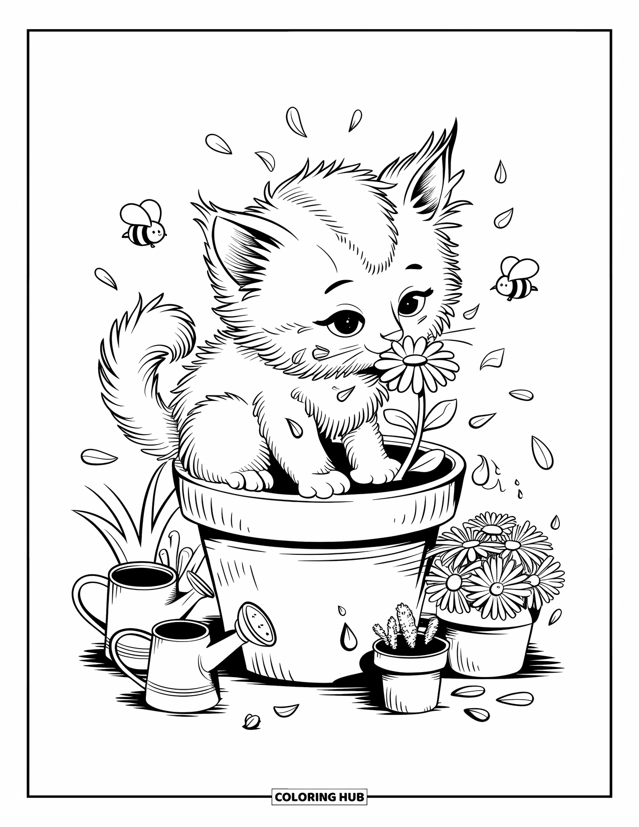 Kitten Coloring Page for Adults: A kitten sits inside a flower pot, sniffing a daisy as bees buzz around the garden