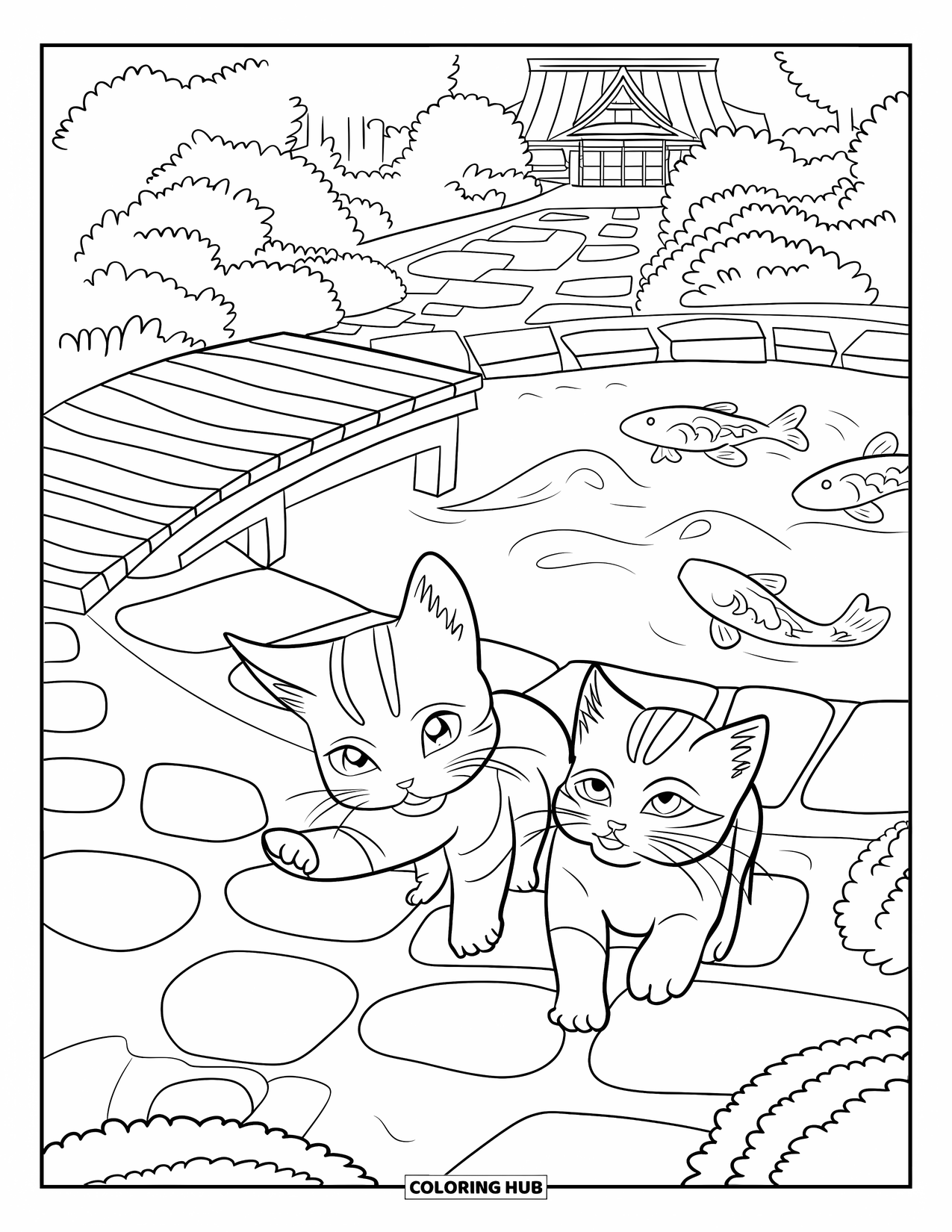 Kitten Coloring Page for Adults: A pair of kittens chase each other across a stone path in a tranquil Japanese garden
