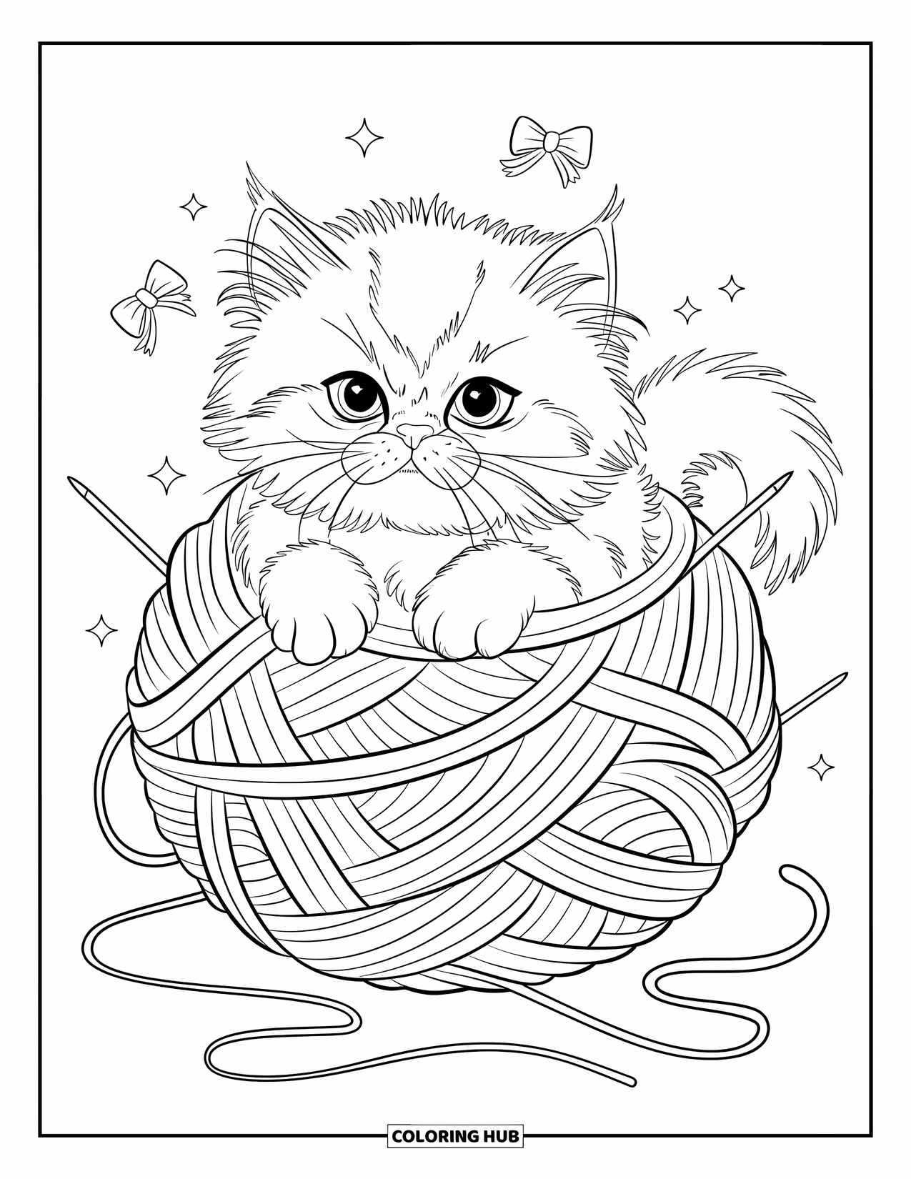 Kitten Coloring Page for Adults: A Persian kitten is tangled in a ball of yarn, tiny bows and sparkles floating around