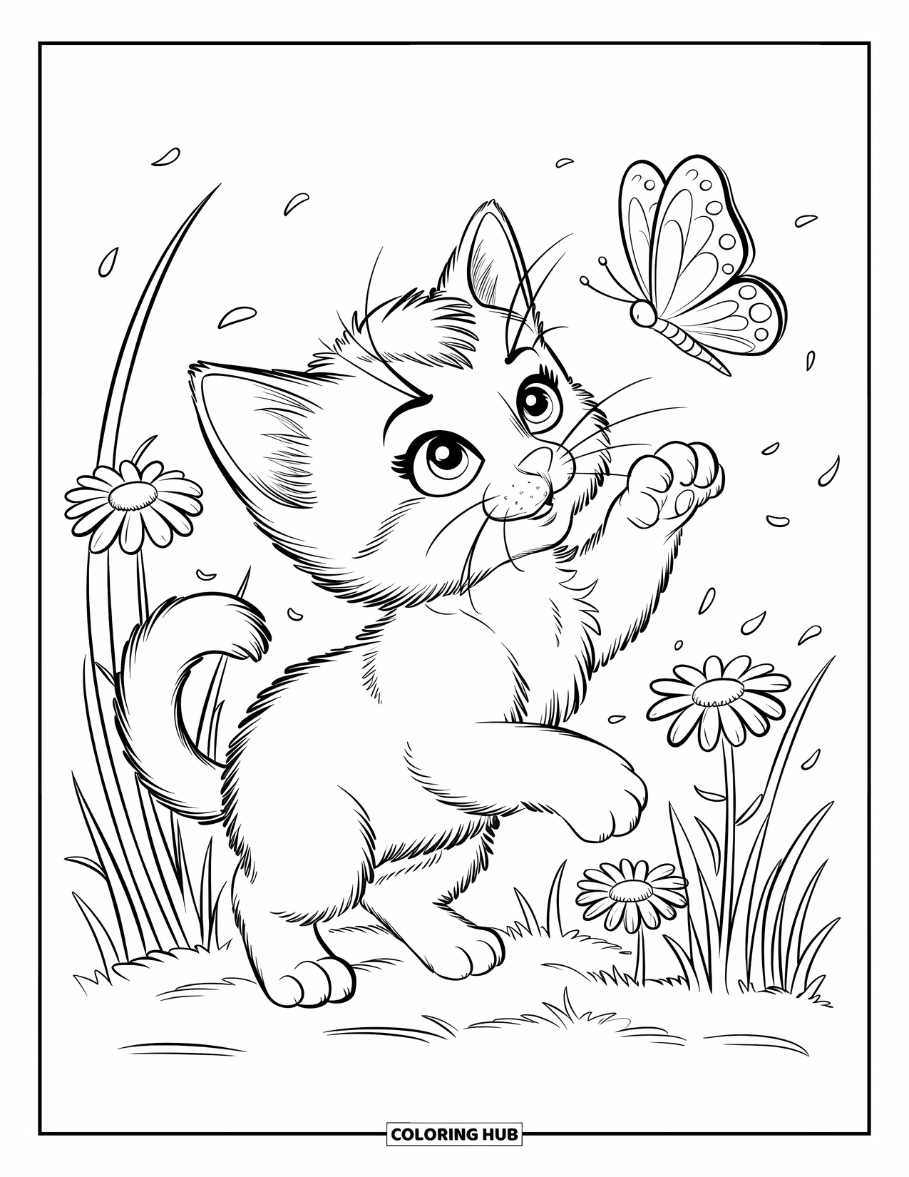 Kitten Coloring Page for Adults: A playful kitten leaps mid-air, reaching for a butterfly fluttering just out of its grasp