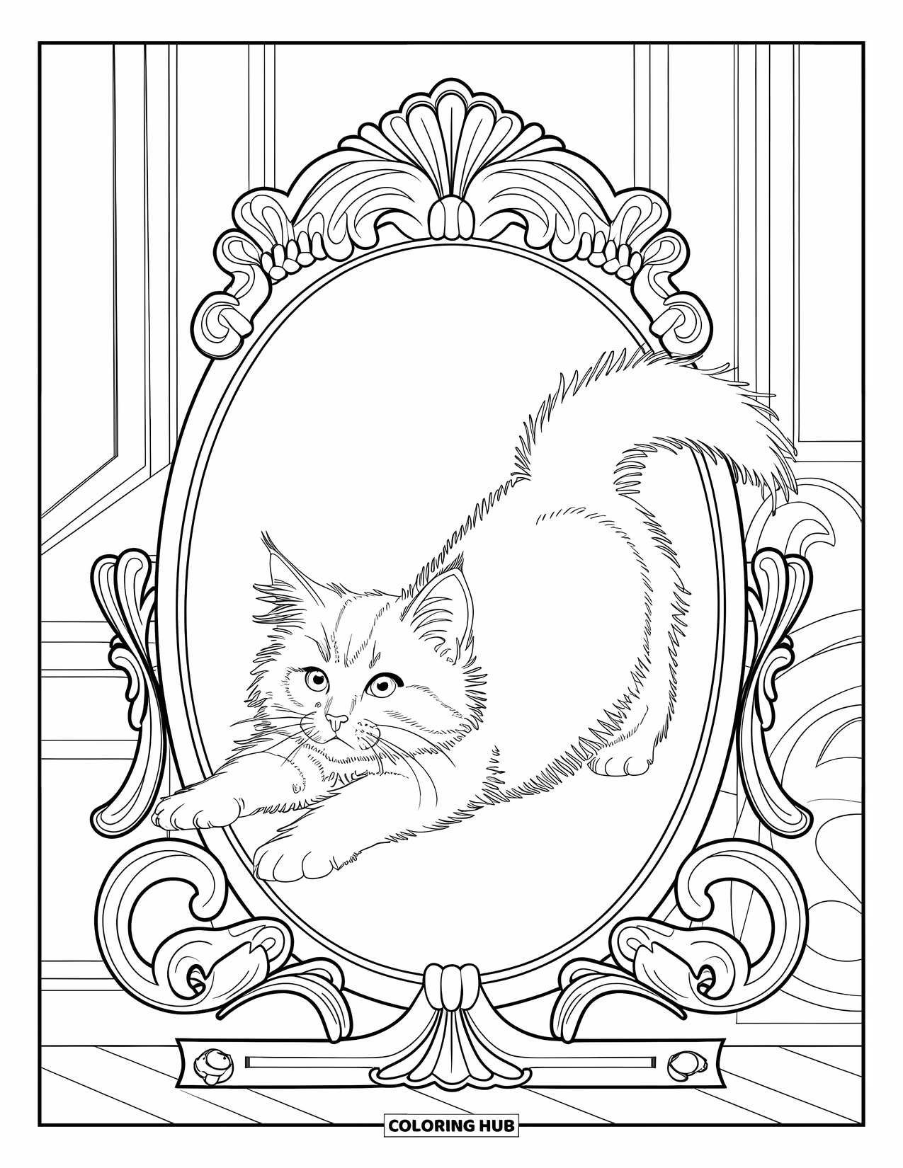 Kitten Coloring Page for Adults: A stretching kitten is framed within an elaborate baroque mirror surrounded by swirling details
