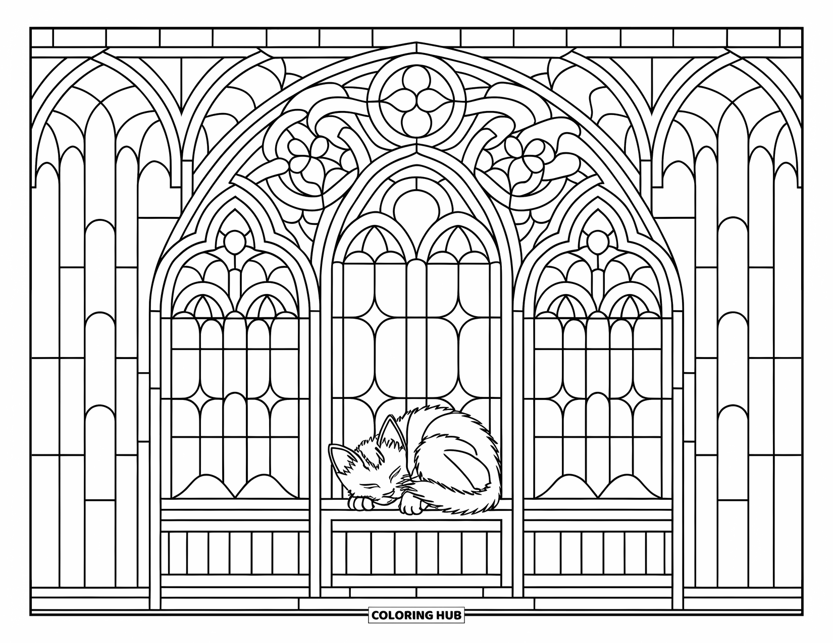Kitten Coloring Page for Adults: A tiny kitten curls up on a ledge within a stained glass window filled with elegant designs