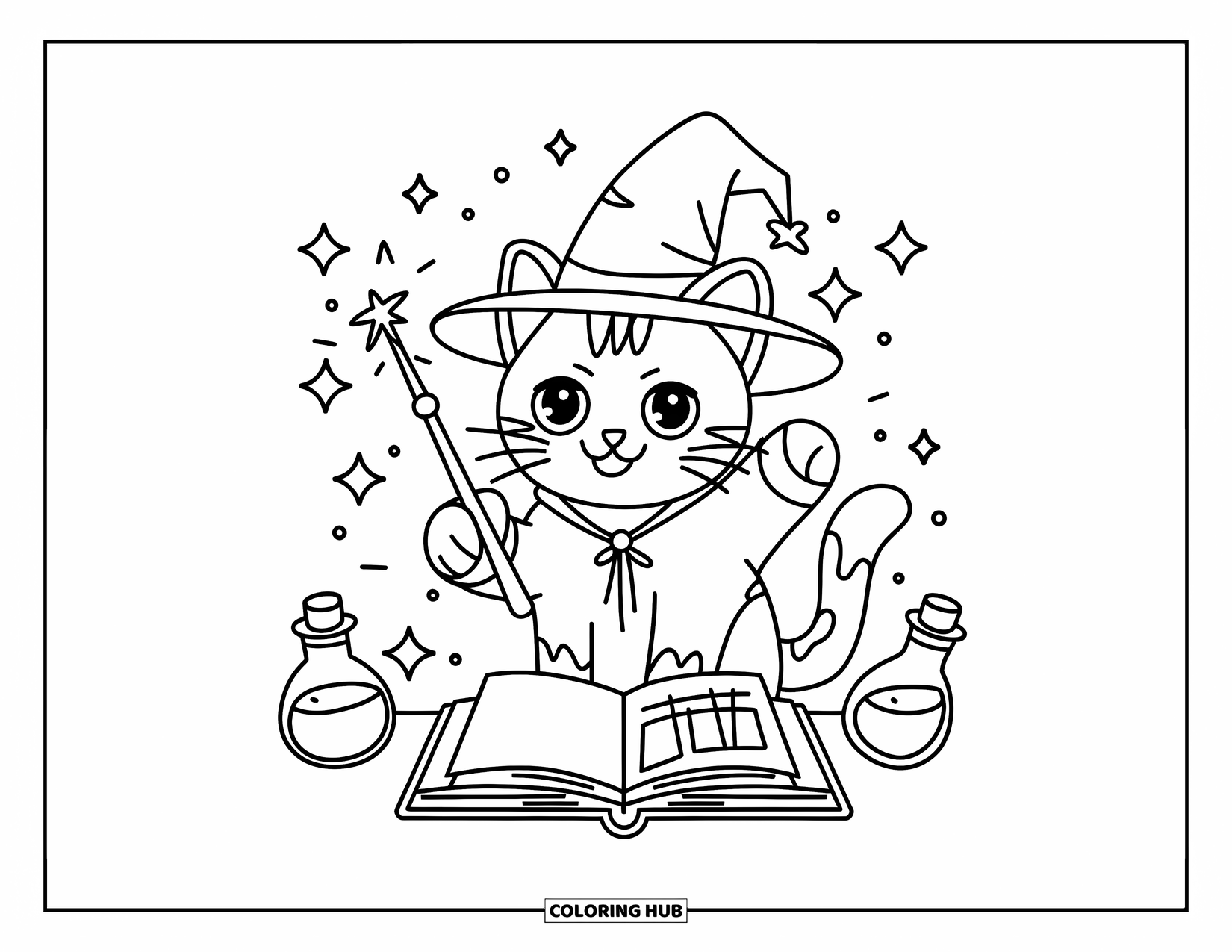 Kitten Coloring Page for Adults: A tiny wizard kitten wears a hat and holds a glowing wand, surrounded by magical potions