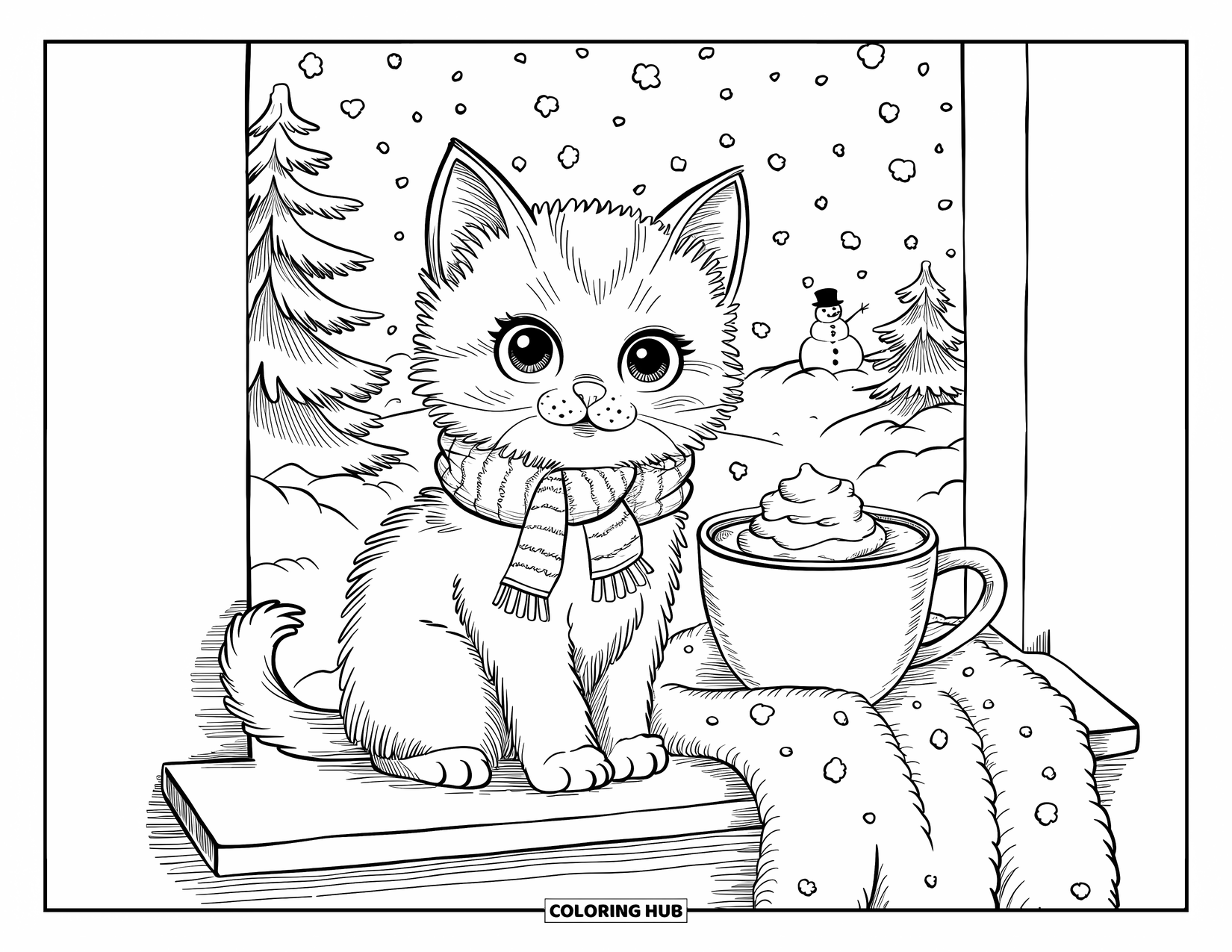 Kitten Coloring Page for Adults: A warm and cozy kitten watches snowflakes fall, nestled by a window with cocoa and blankets