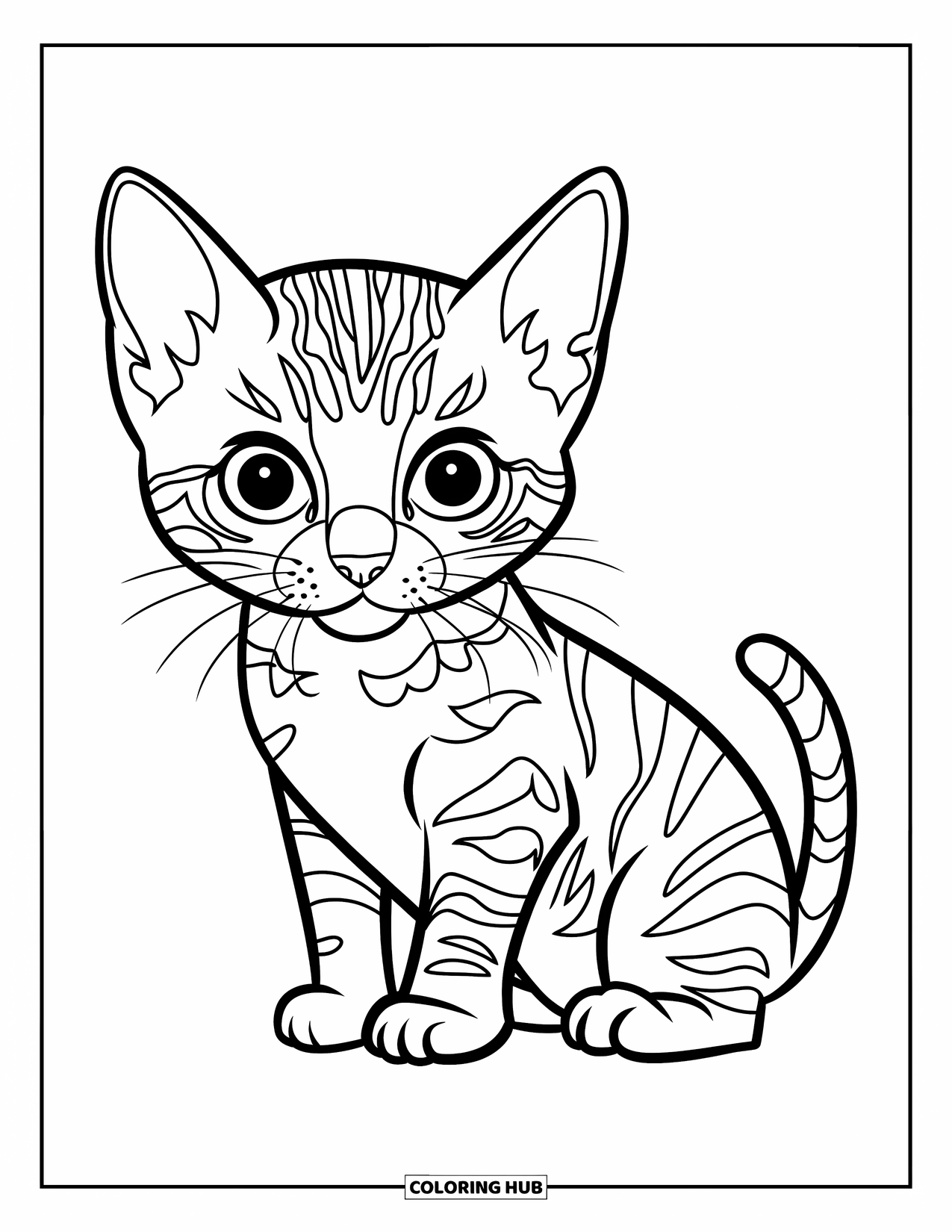 Kitten Coloring Page for Kids: A Bengal kitten sits on a rock, its curious eyes wide as it surveys the open landscape