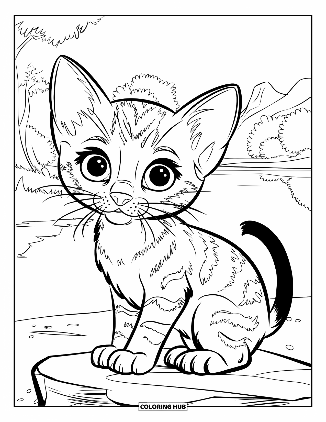 Kitten Coloring Page for Kids: A Bengal kitten with bold spots rests on a rock, watching the trees sway in the wind