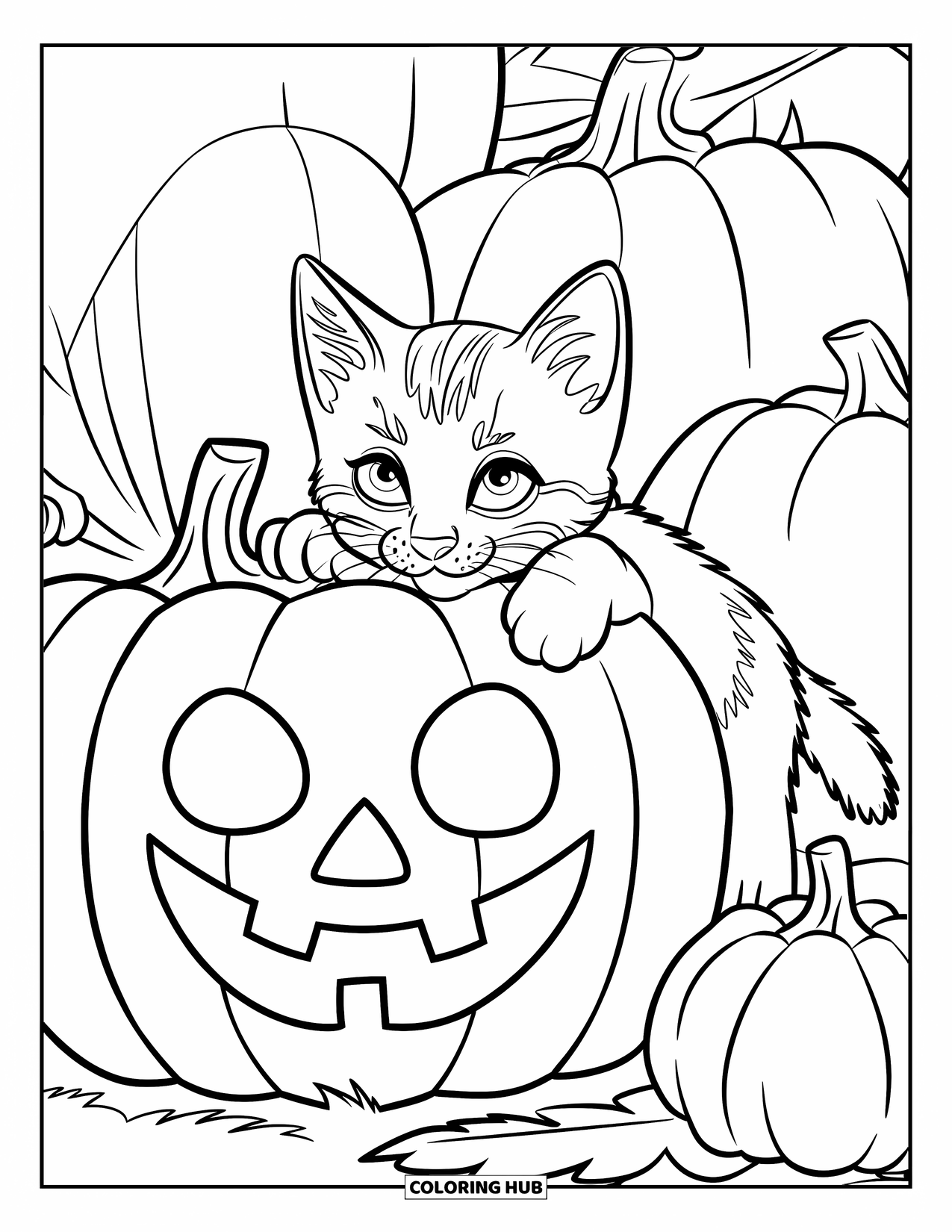 Kitten Coloring Page for Kids: A curious kitten in a pumpkin patch paws at a jack-o'-lantern surrounded by autumn leaves