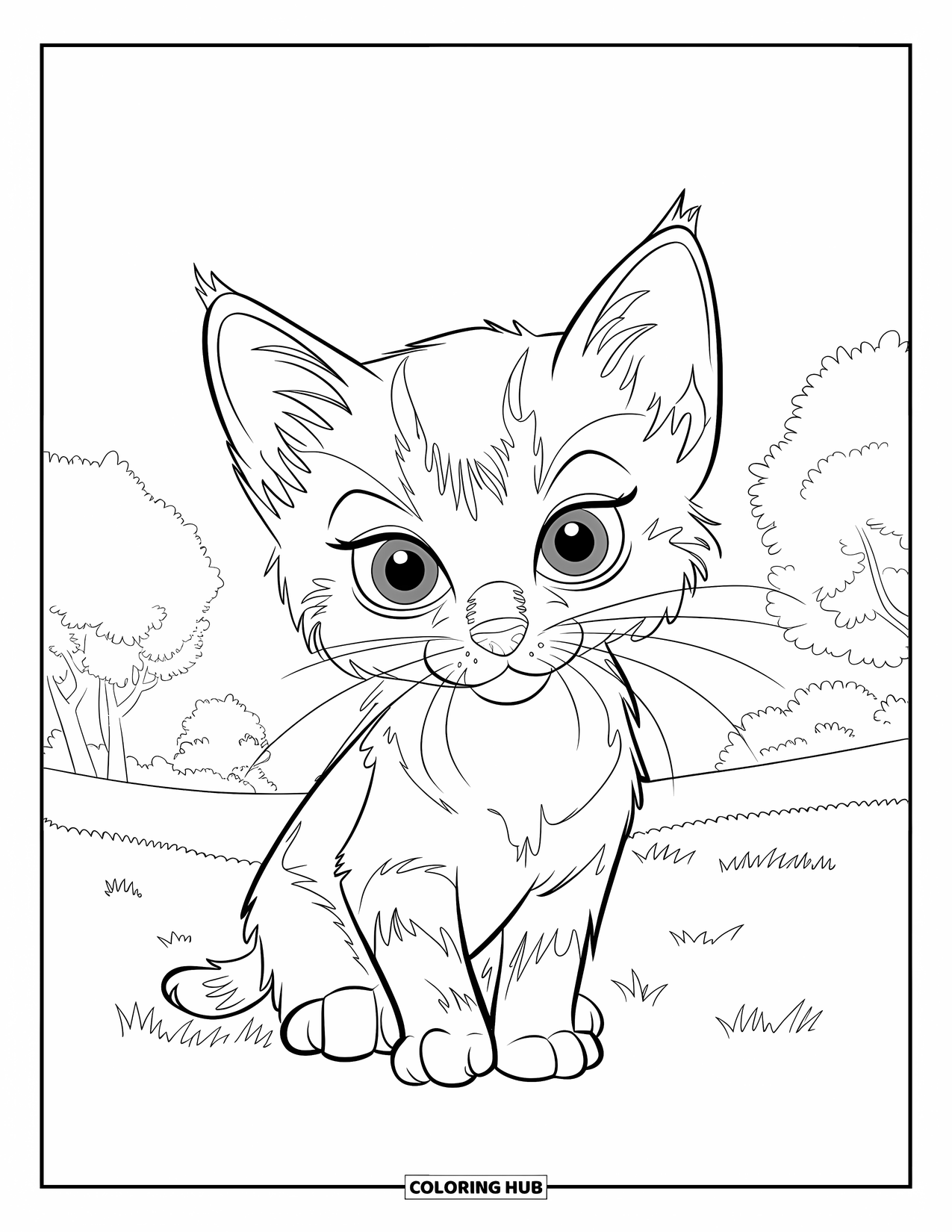 Kitten Coloring Page for Kids: A curious Siamese kitten rests in a grassy field, surrounded by trees swaying in the wind