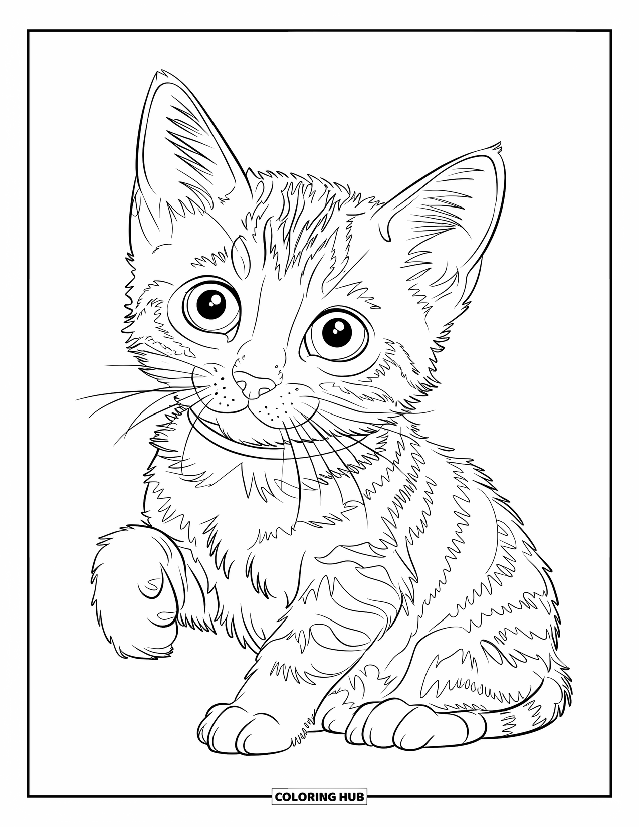 Kitten Coloring Page for Kids: A fluffy Bengal kitten sits with playful energy, ears perked and paws ready to pounce