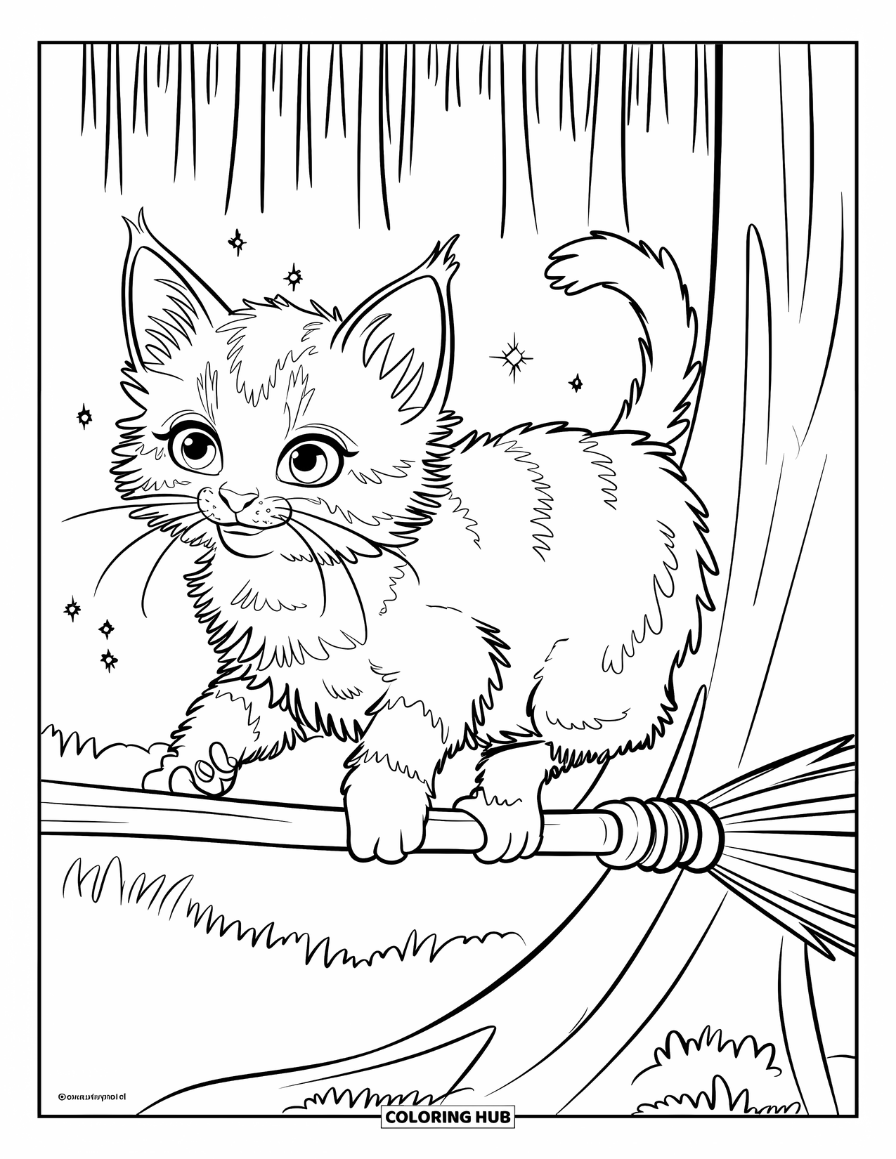 Kitten Coloring Page for Kids: A fluffy kitten balances on a broomstick, surrounded by sparkles in a mystical forest
