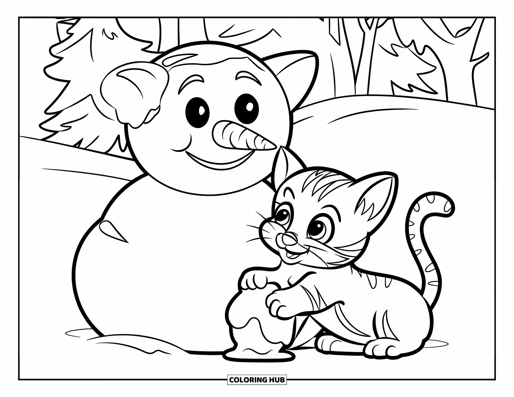 Kitten Coloring Page for Kids: A fluffy kitten curiously pats a snowball beside a cheerful snowman in a snowy scene