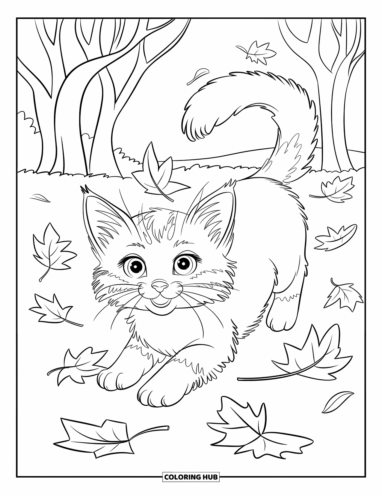 Kitten Coloring Page for Kids: A fluffy kitten leaps through swirling leaves, chasing the autumn breeze
