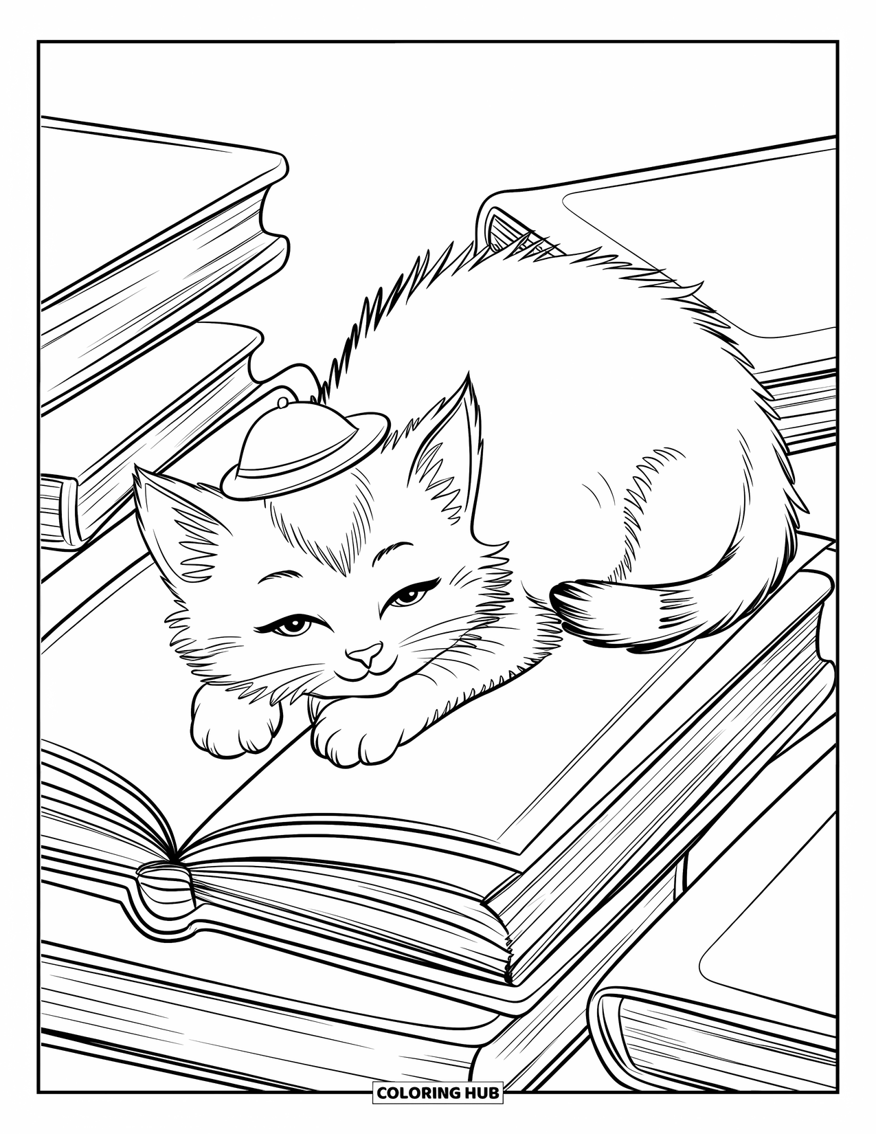 Kitten Coloring Page for Kids: A fluffy kitten naps on a pile of books, an open fairy tale resting nearby