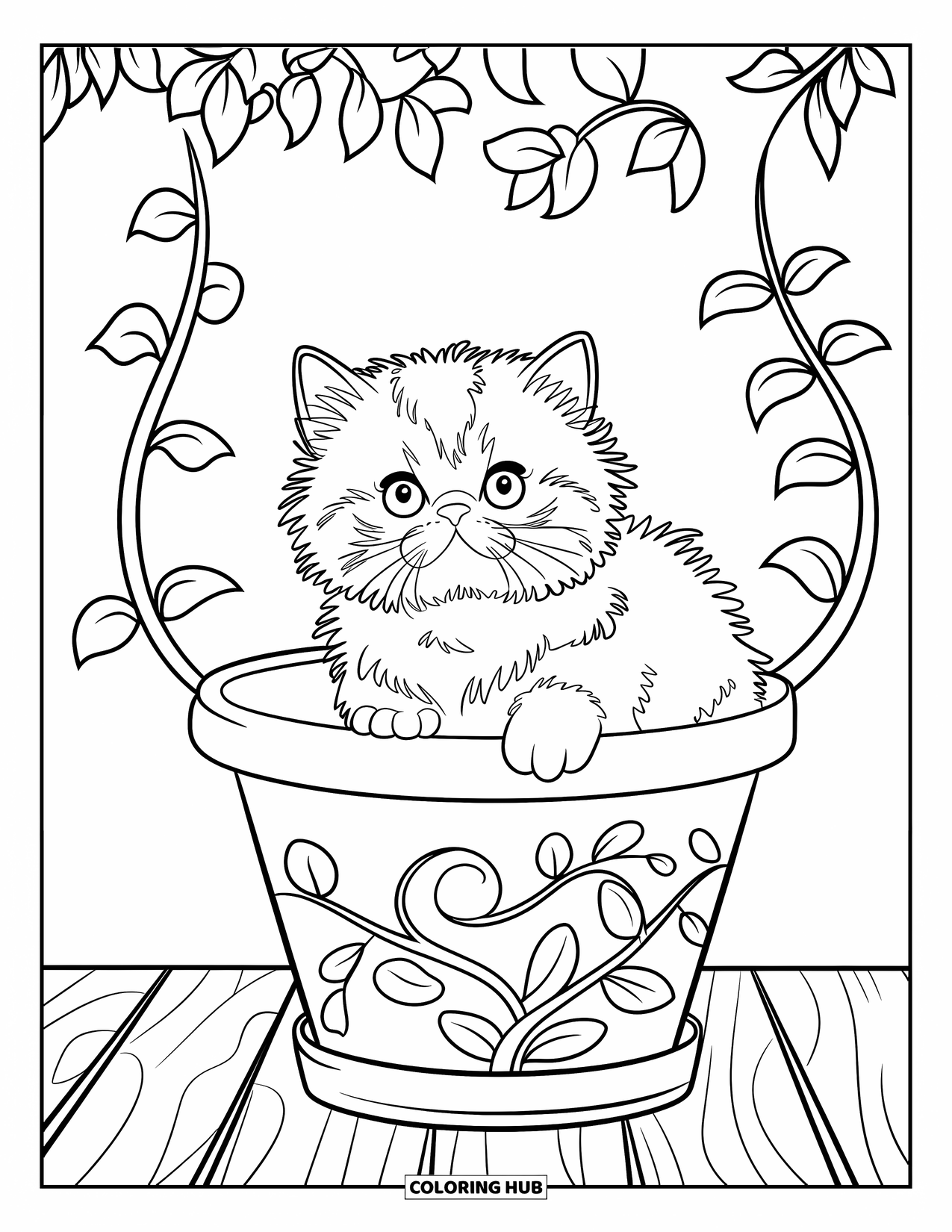 Kitten Coloring Page for Kids: A fluffy kitten peeks out from a flower pot, surrounded by delicate curling vines