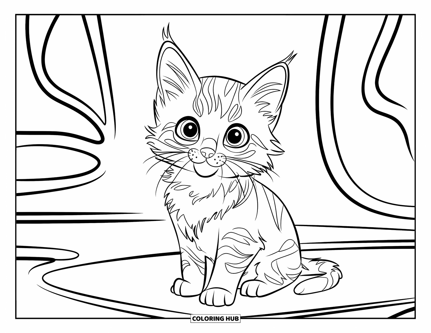 Kitten Coloring Page for Kids: A fluffy kitten perches on a tree branch, watching the serene lake and tall trees below