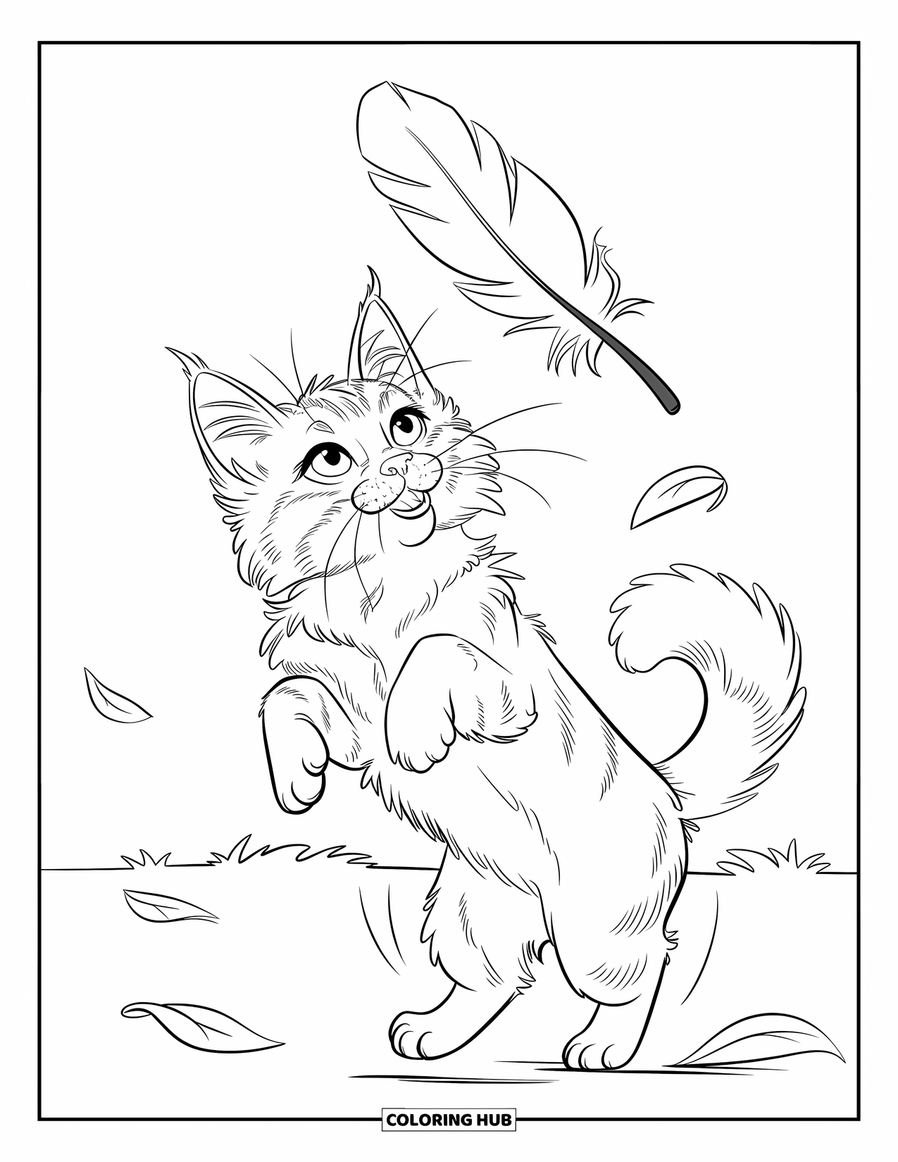 Kitten Coloring Page for Kids: A fluffy kitten pounces toward a floating feather, surrounded by falling autumn leaves