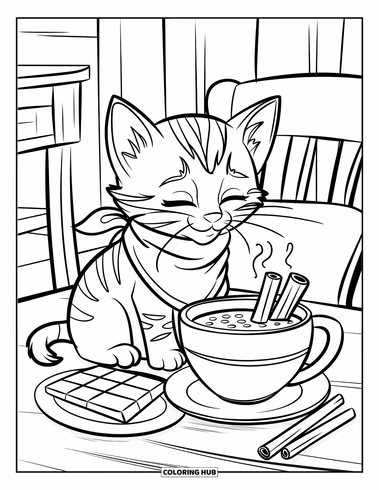 Kitten Coloring Page for Kids: A fluffy kitten purrs beside a cup of cocoa, enjoying the warmth of a snowy day