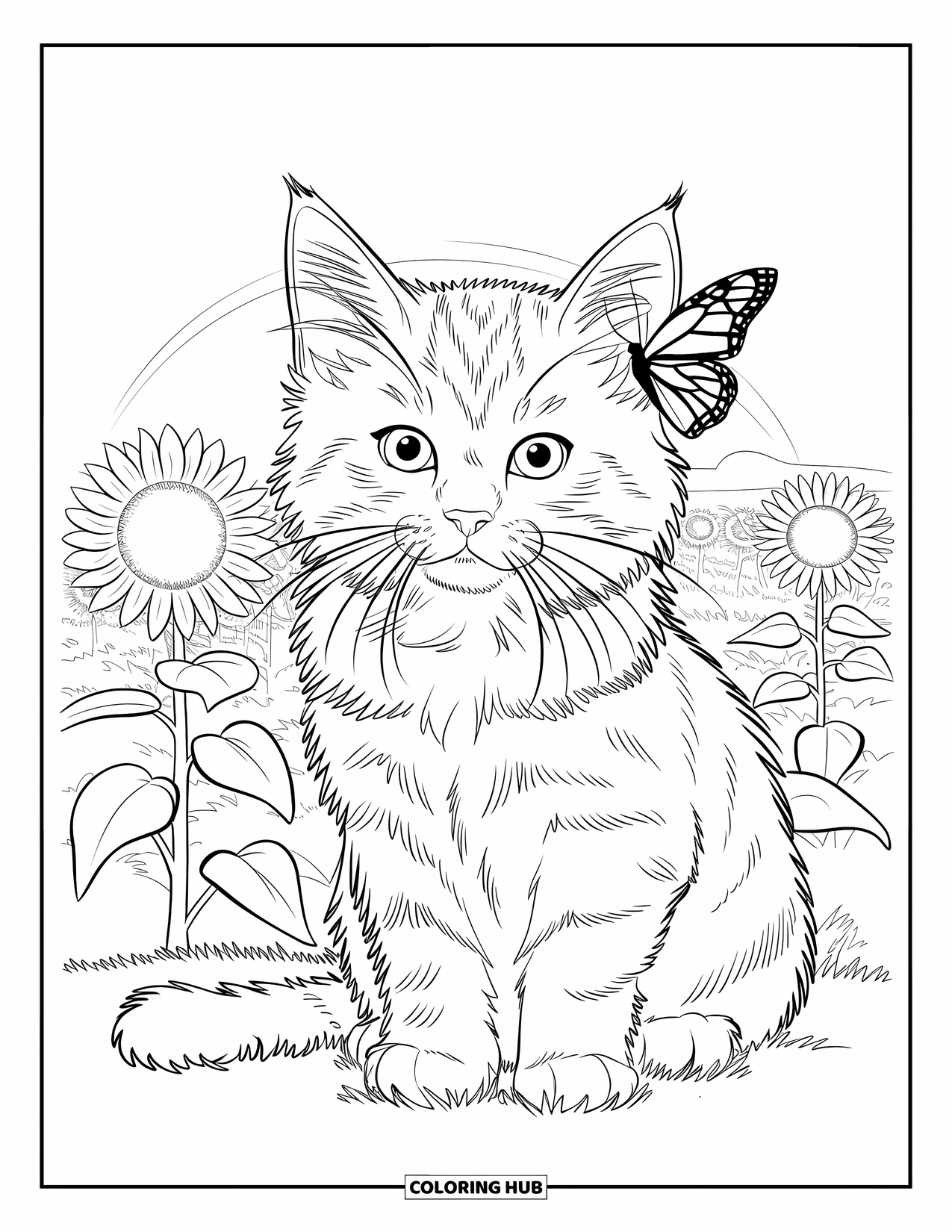 Kitten Coloring Page for Kids: A fluffy kitten relaxes among sunflowers, a delicate butterfly perched on its ear